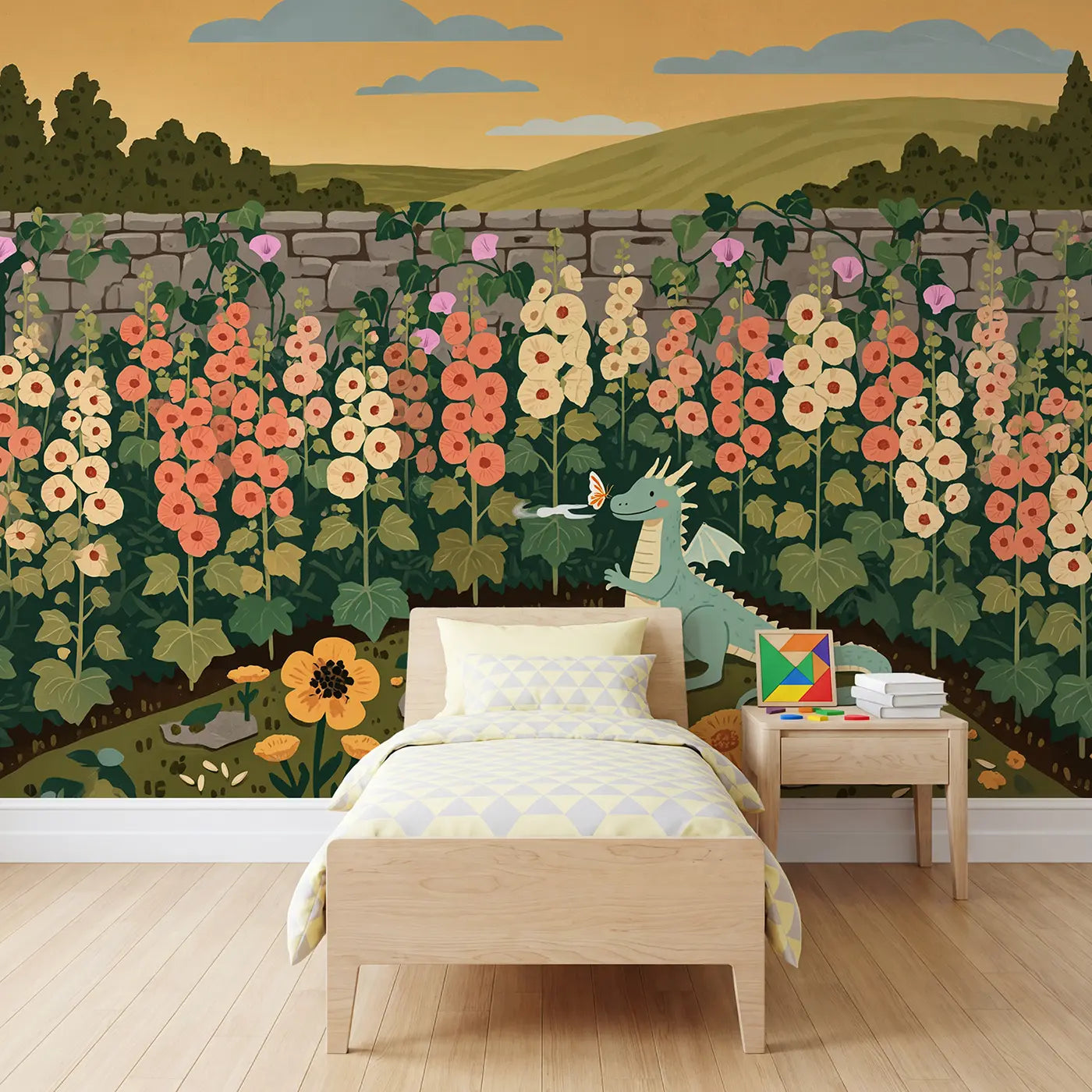 Modern illustration dragon and flower fantasy meadow wallpaper mural for kids room by Whimsy Tots