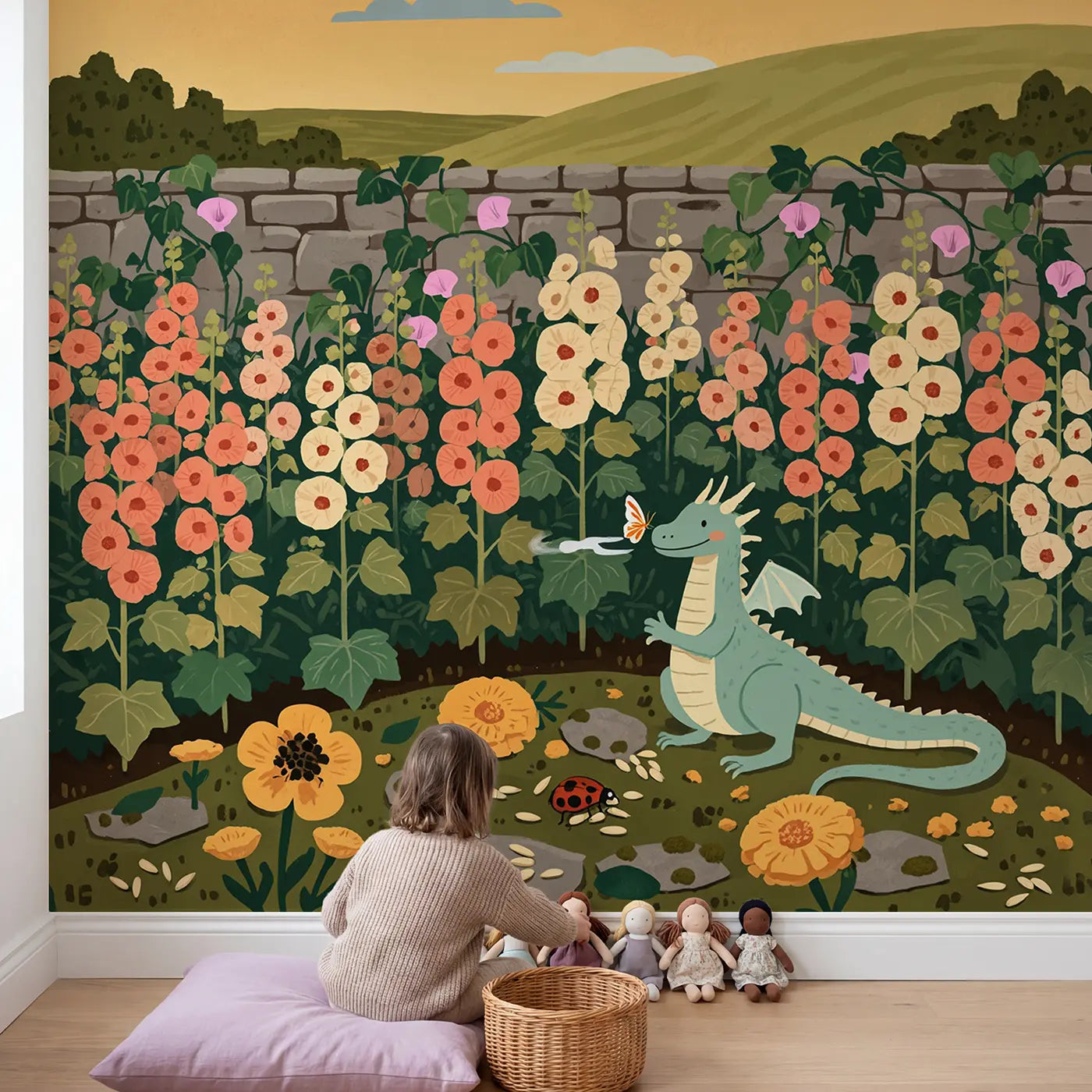 Child in nursery with Gentle Dragon Garden Wallpaper Mural by Whimsy Tots