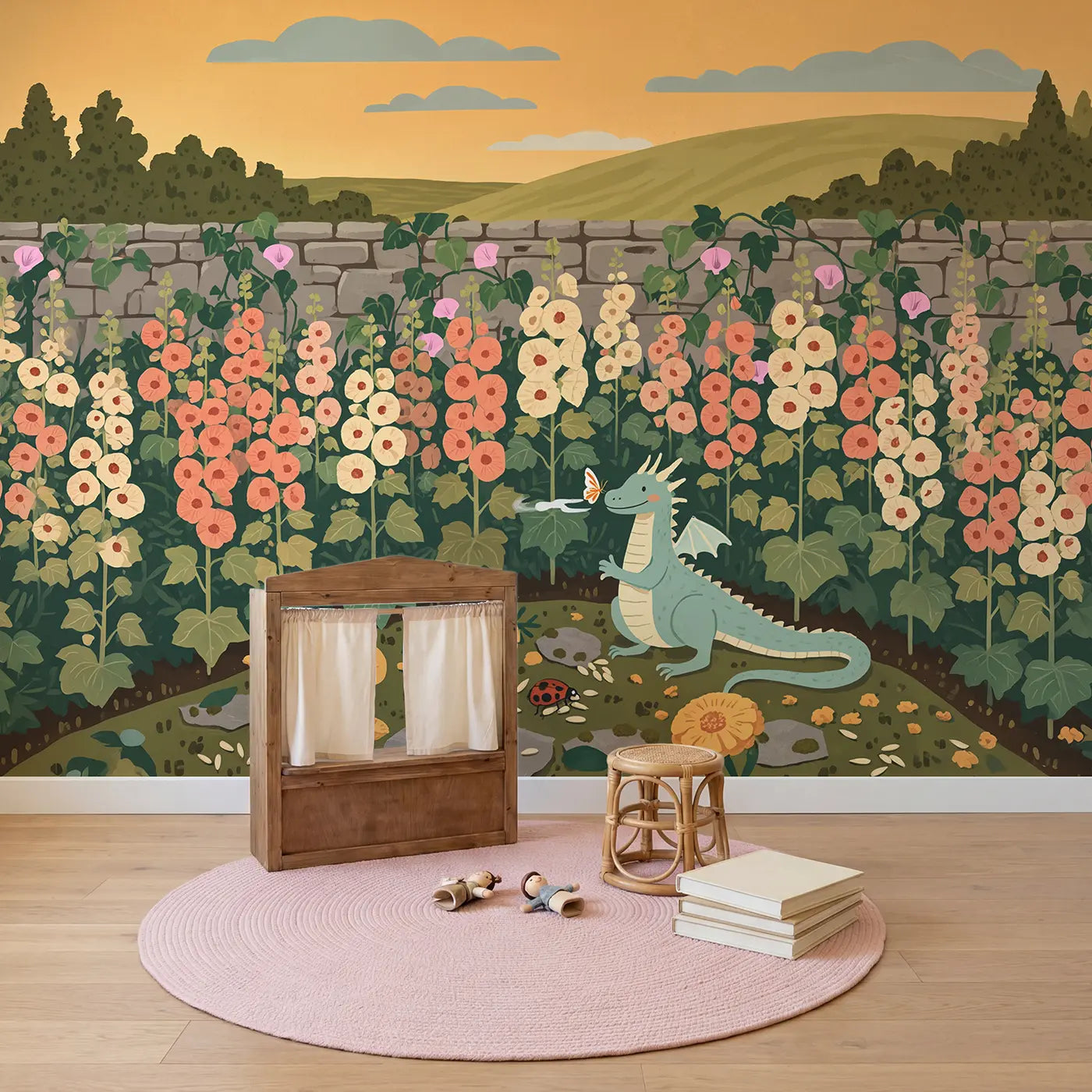 Gentle Dragon Garden Wallpaper Mural in playroom setting by Whimsy Tots
