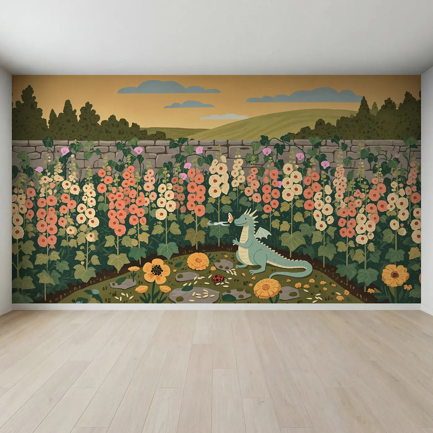 Full view of Gentle Dragon Garden Wallpaper Mural by Whimsy Tots