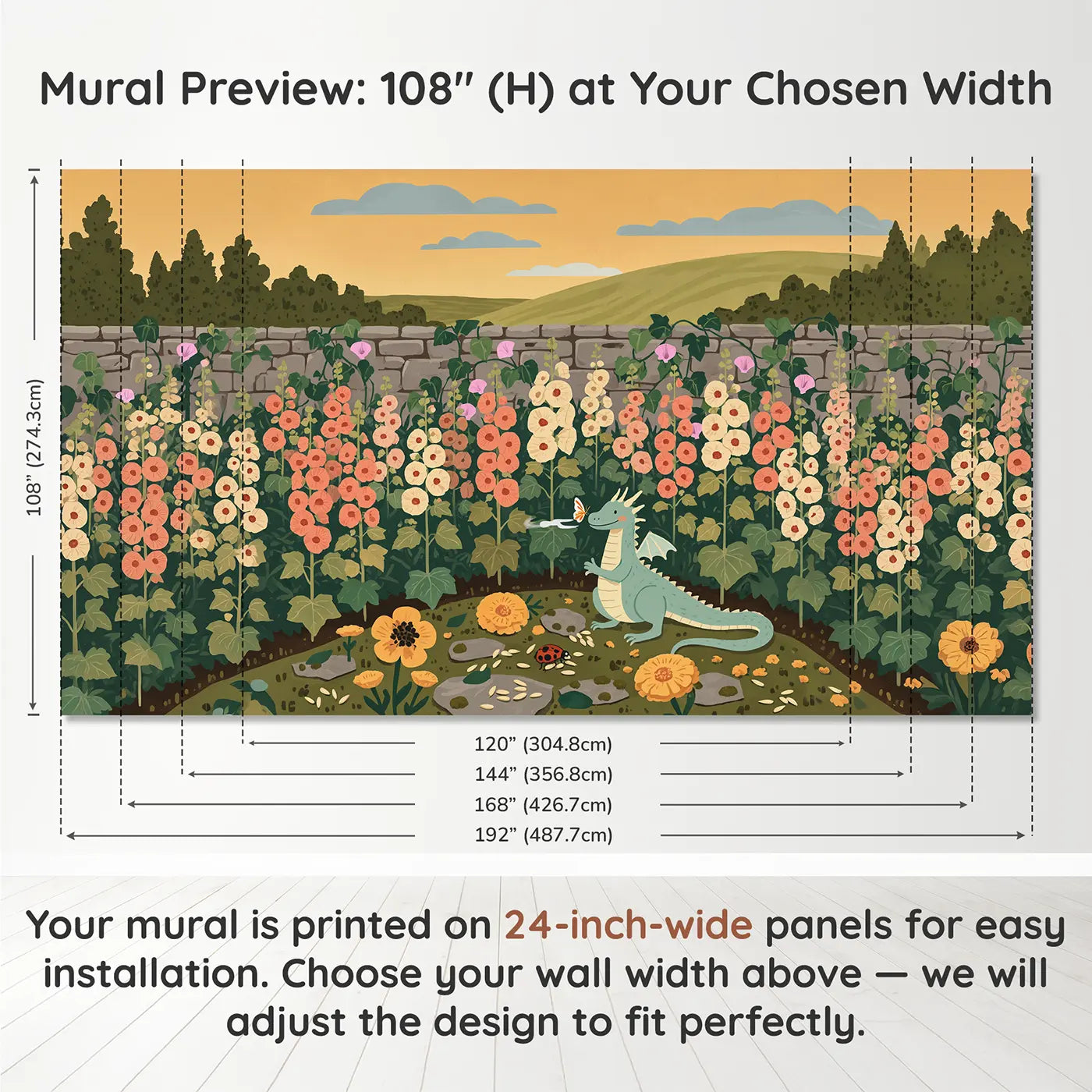 Panel layout and dimensions for Gentle Dragon Garden Wallpaper Mural by Whimsy Tots