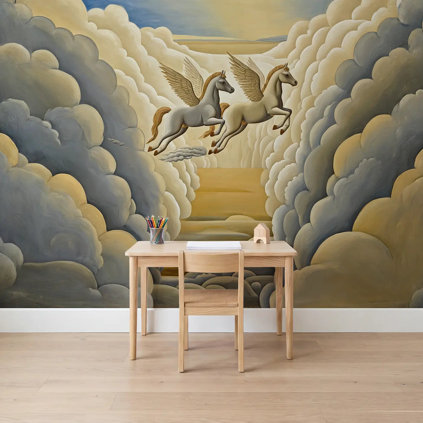 Modern Illustration pegasus twins cloud race wallpaper mural for kids room by Whimsy Tots