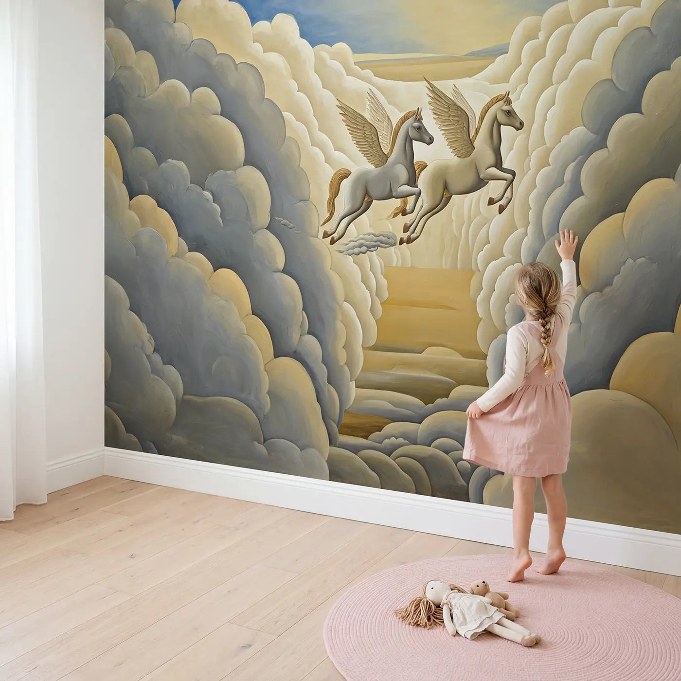 Child in nursery with Pegasus Twins Cloud Race Wallpaper Mural by Whimsy Tots