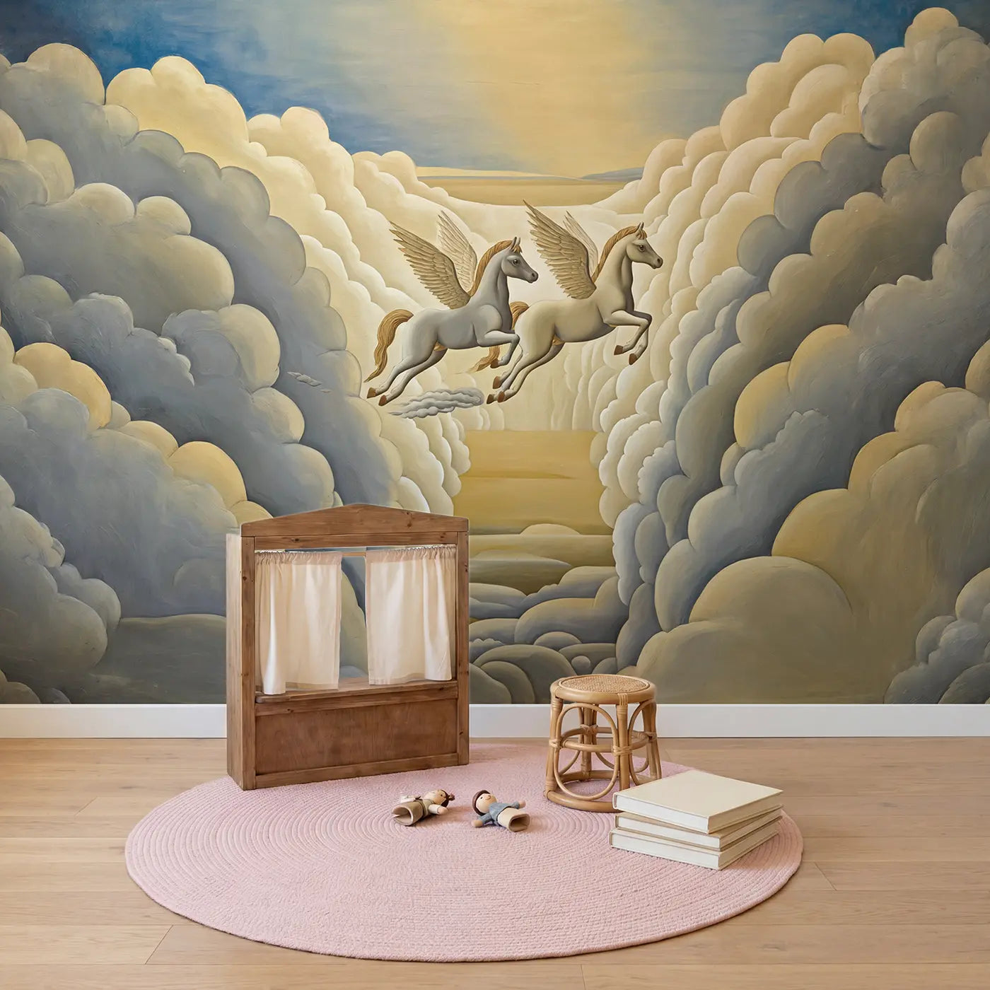Pegasus Twins Cloud Race Wallpaper Mural in playroom setting by Whimsy Tots