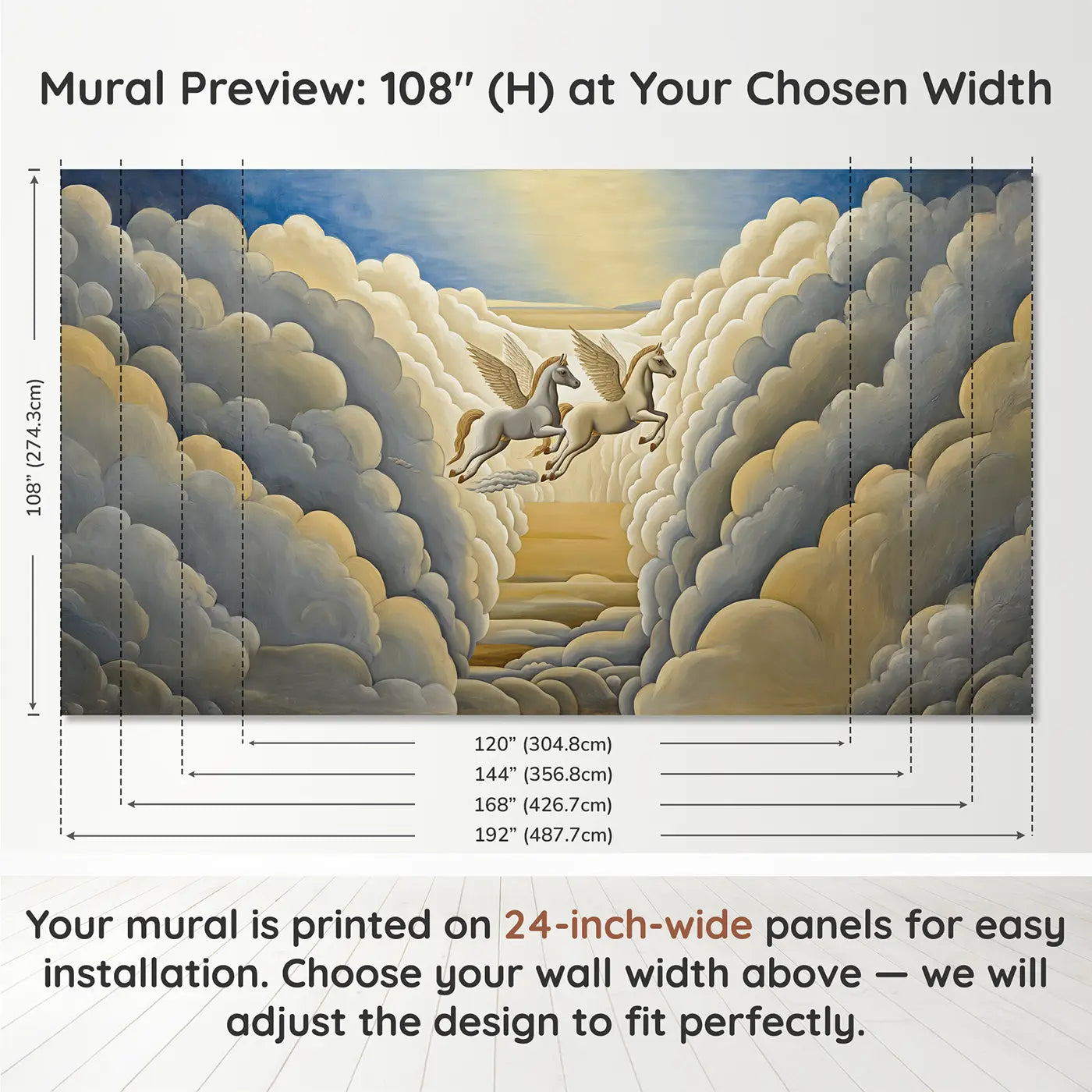 Panel layout and dimensions for Pegasus Twins Cloud Race Wallpaper Mural by Whimsy Tots
