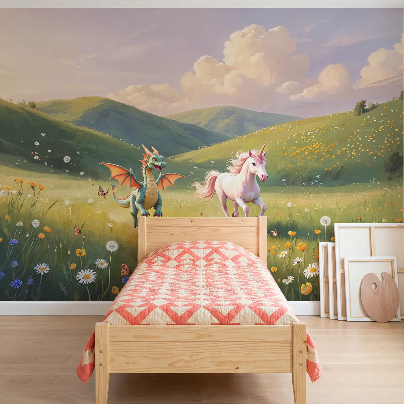 Soft pastel dragon unicorn meadow wallpaper mural for girls room by Whimsy Tots