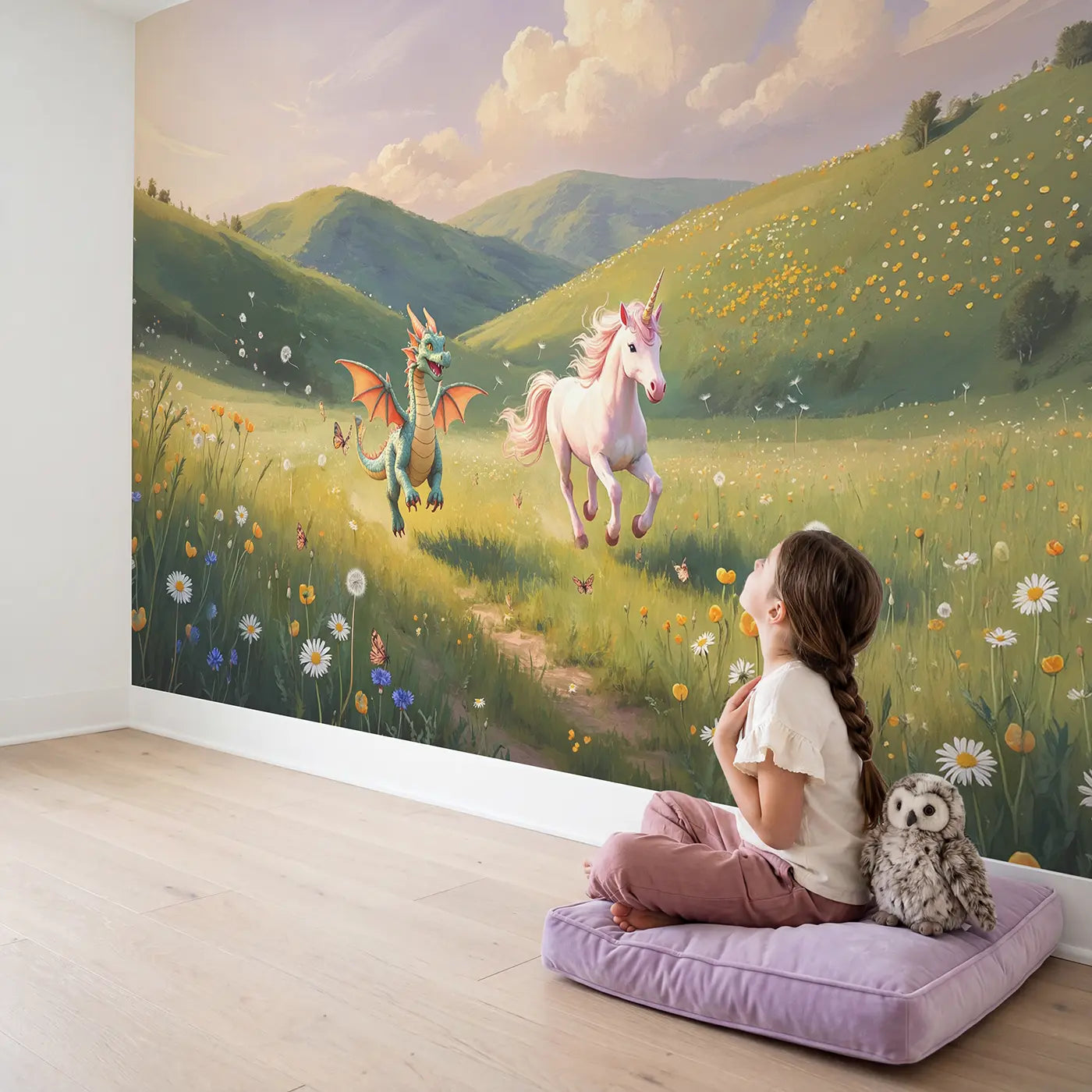 Child in nursery with Dragon and Unicorn Race Wallpaper Mural by Whimsy Tots