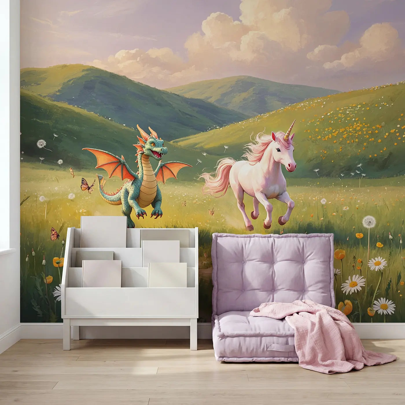 Dragon and Unicorn Race Wallpaper Mural in playroom setting by Whimsy Tots