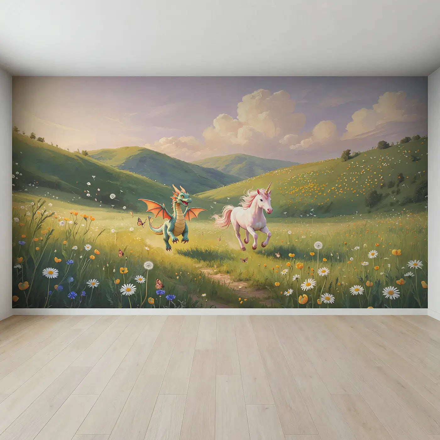 Full view of Dragon and Unicorn Race Wallpaper Mural by Whimsy Tots