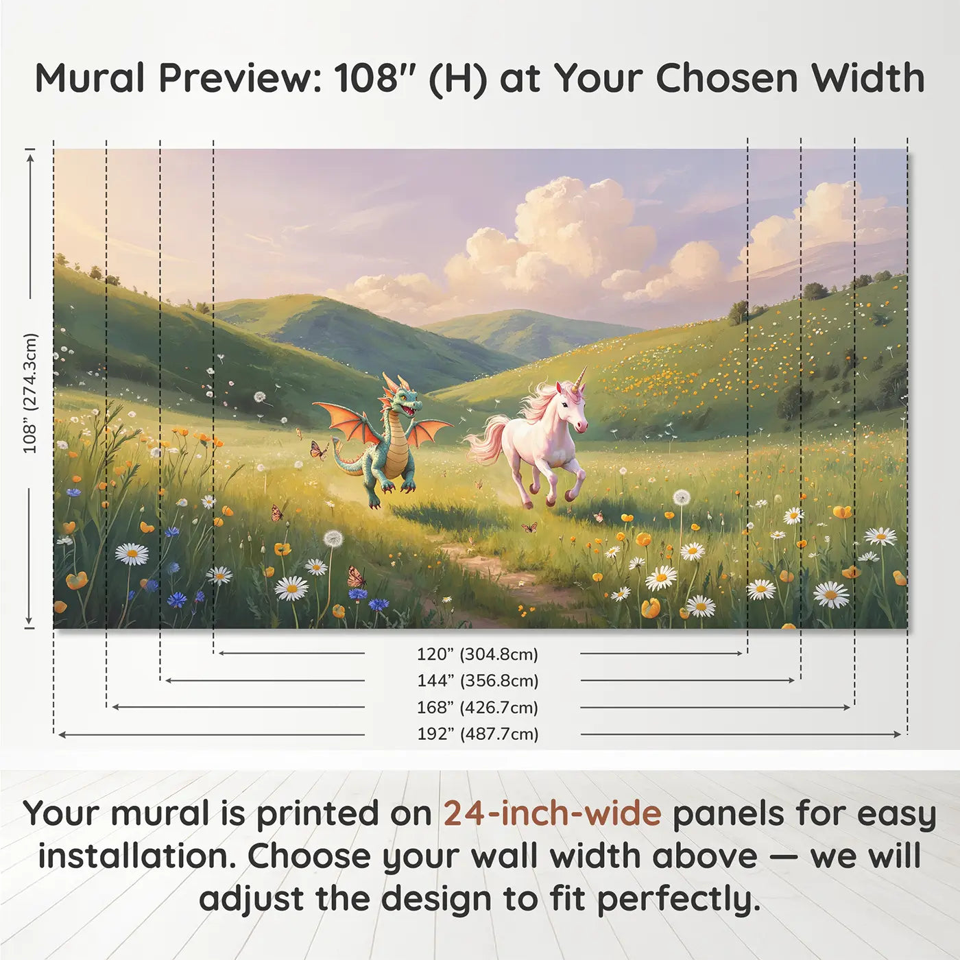 Panel layout and dimensions for Dragon and Unicorn Race Wallpaper Mural by Whimsy Tots