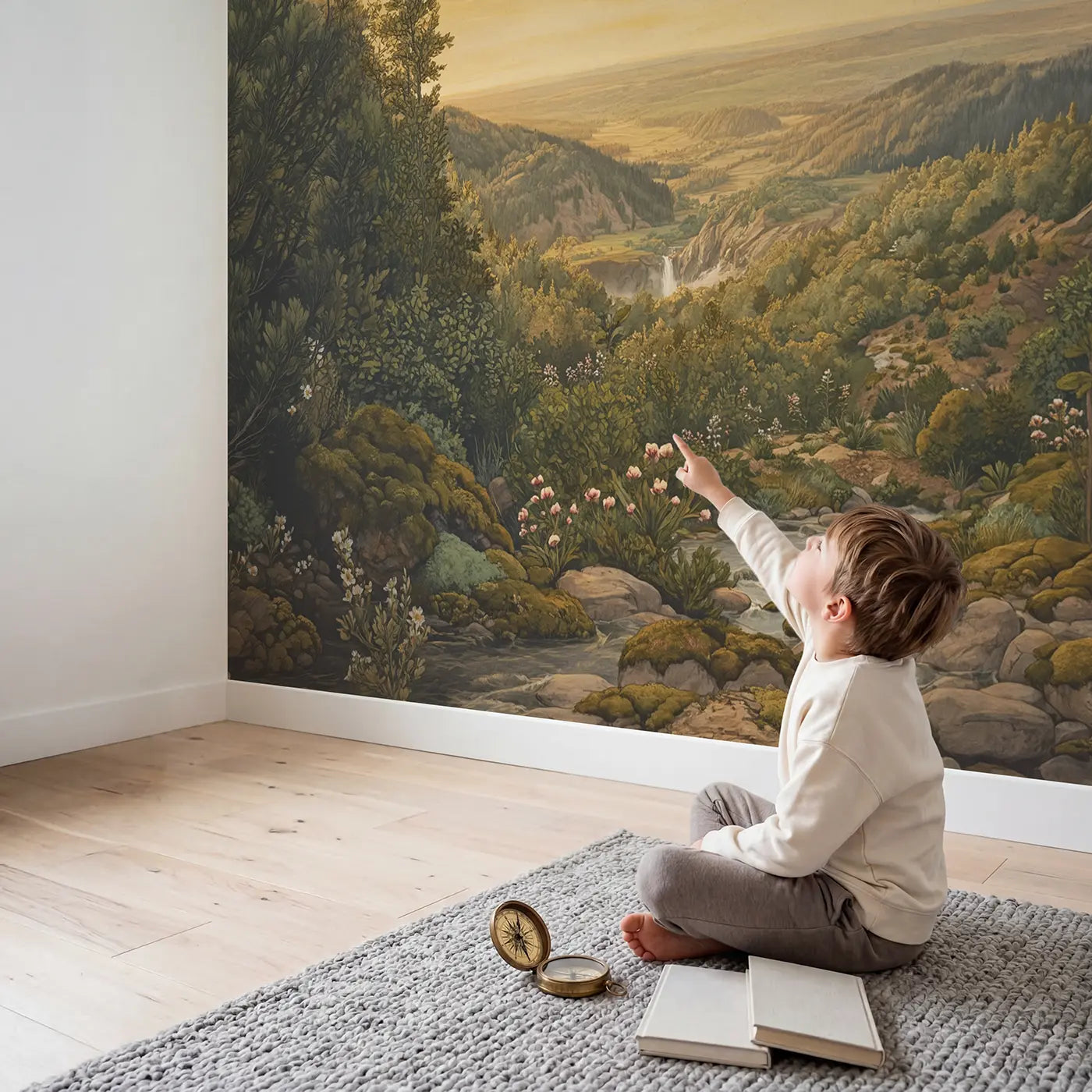 Child in nursery with Unicorn Valley Waterfall Flowers Wallpaper Mural by Whimsy Tots