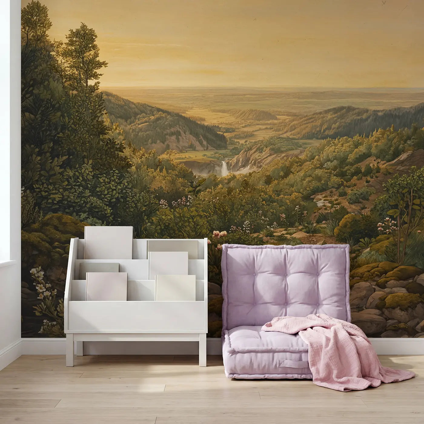 Unicorn Valley Waterfall Flowers Wallpaper Mural in playroom setting by Whimsy Tots