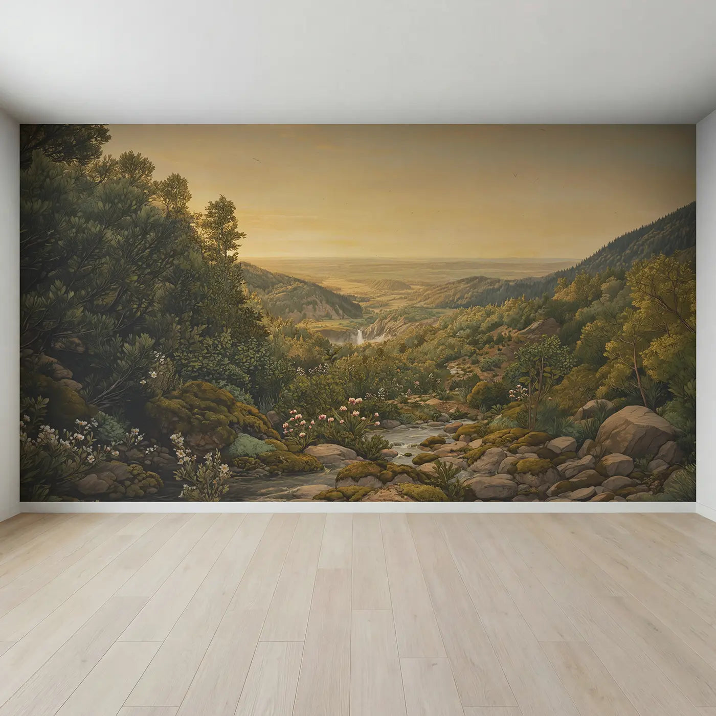 Full view of Unicorn Valley Waterfall Flowers Wallpaper Mural by Whimsy Tots