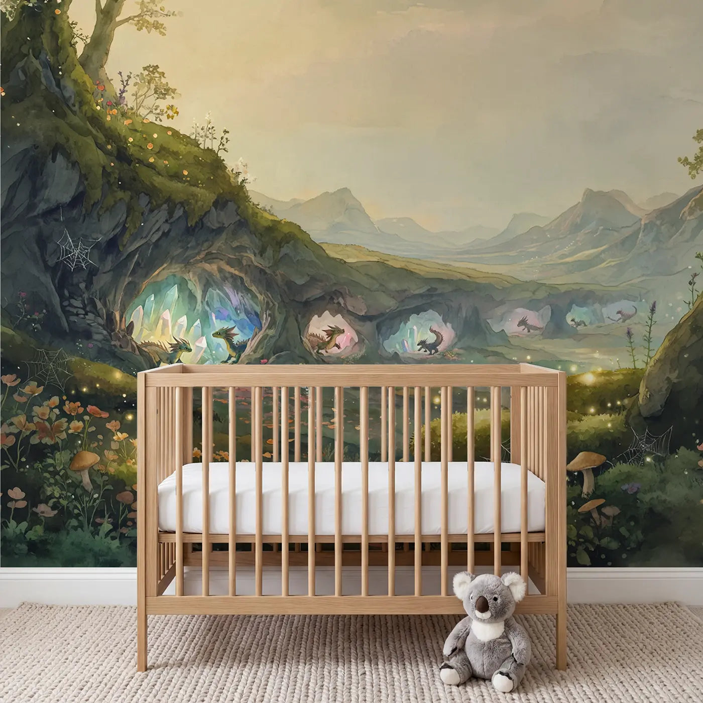 watercolor baby dragons crystal cave wallpaper mural for nursery by Whimsy Tots