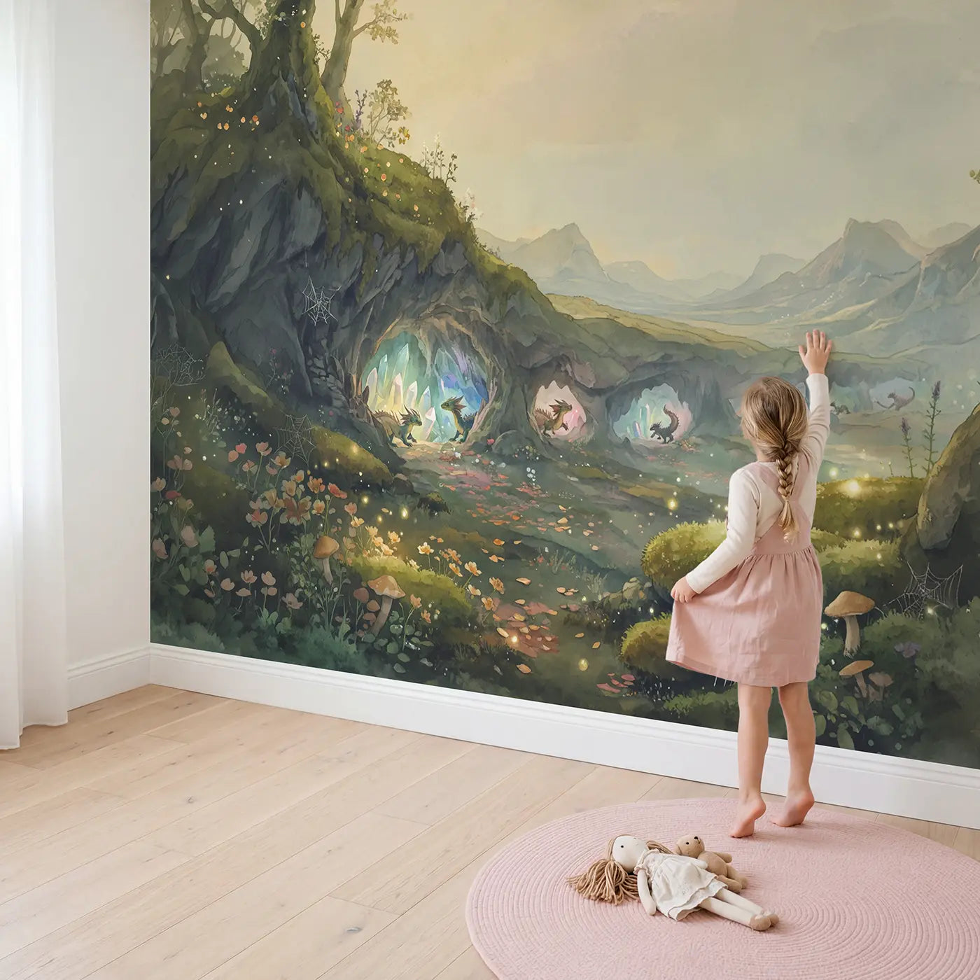 Child in nursery with Crystal Cave Baby Dragons Wallpaper Mural by Whimsy Tots
