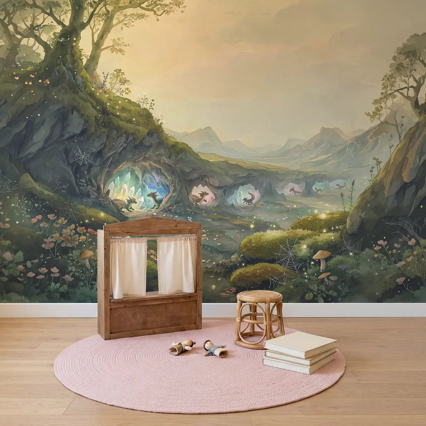 Crystal Cave Baby Dragons Wallpaper Mural in playroom setting by Whimsy Tots