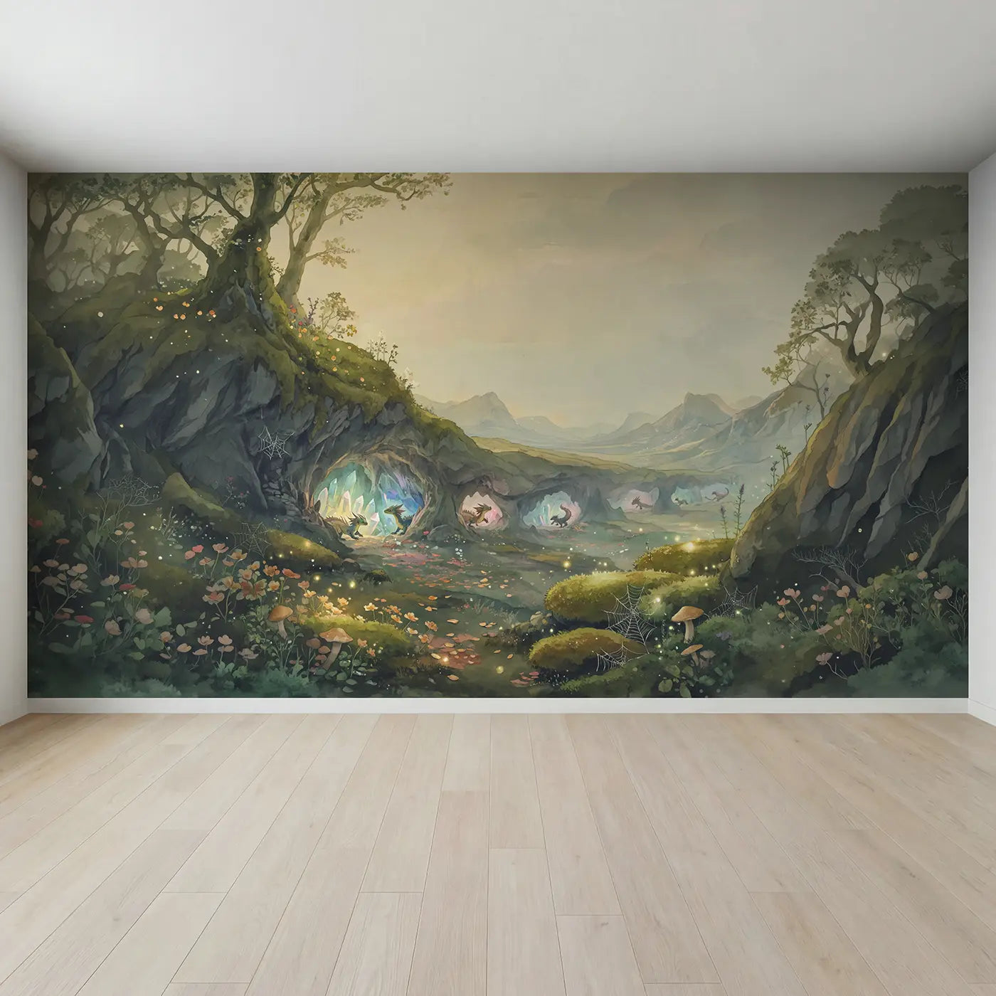 Full view of Crystal Cave Baby Dragons Wallpaper Mural by Whimsy Tots