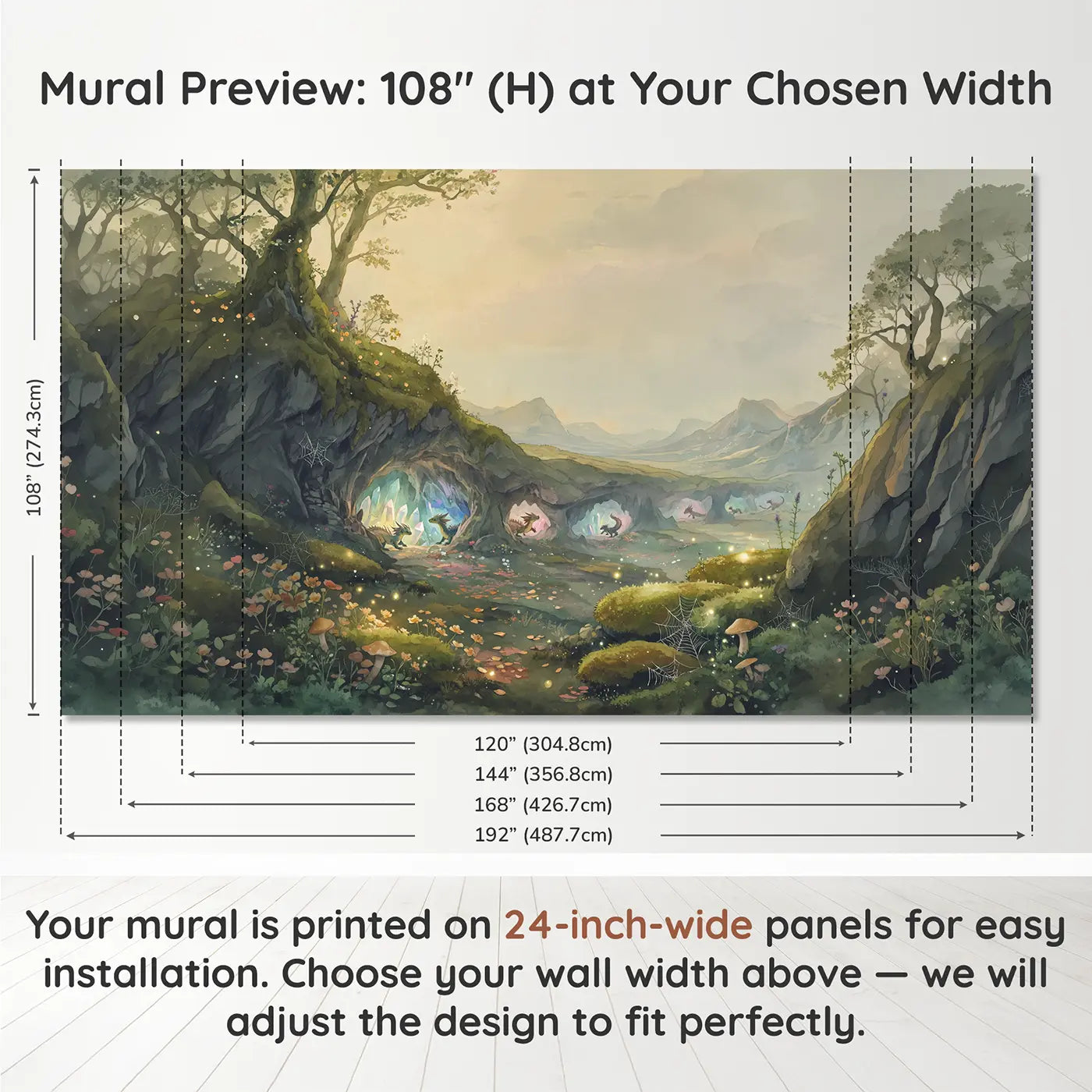 Panel layout and dimensions for Crystal Cave Baby Dragons Wallpaper Mural by Whimsy Tots