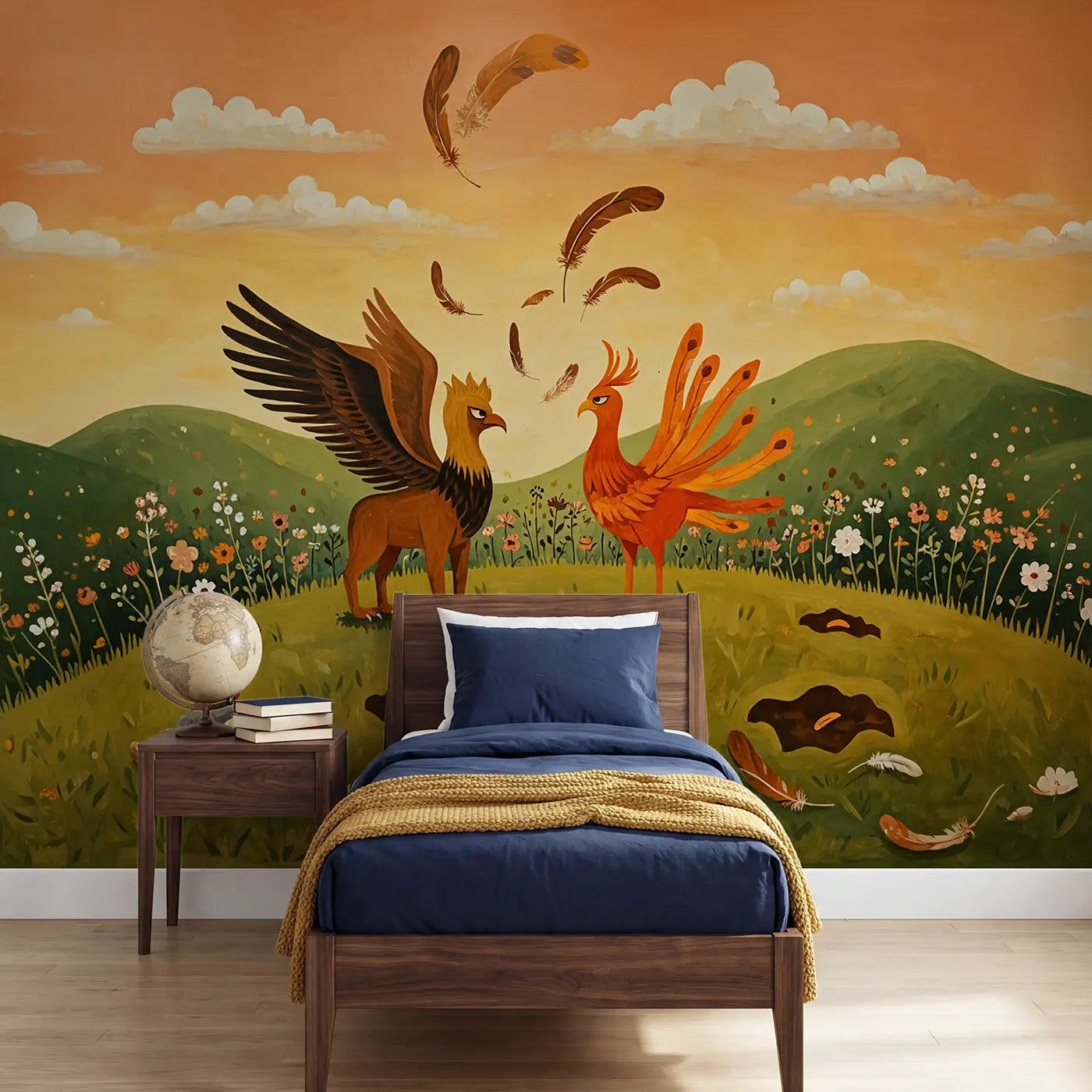 Modern illustration griffin mythical wallpaper mural for kids room by Whimsy Tots