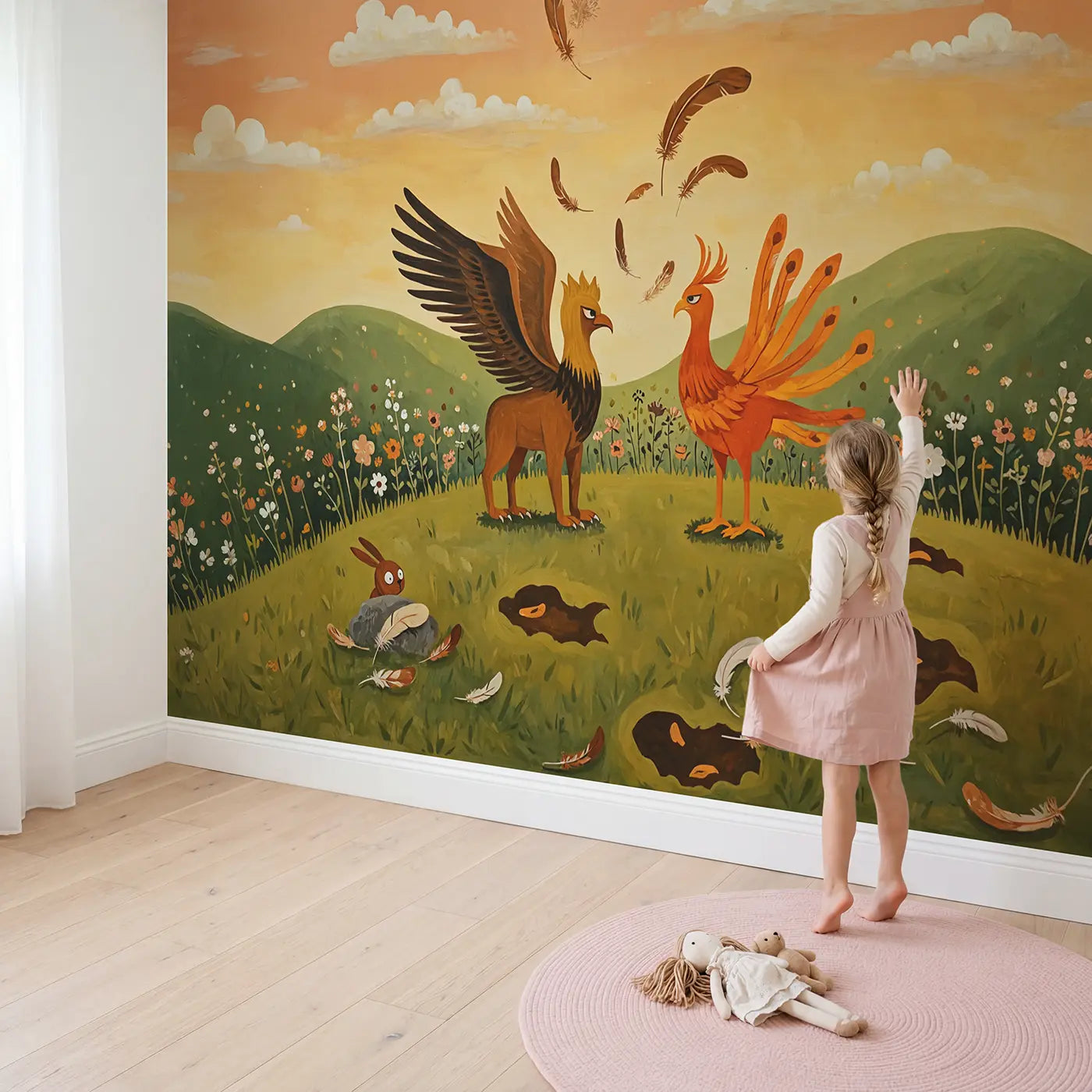 Child in nursery with Griffin and Phoenix Preening Wallpaper Mural by Whimsy Tots