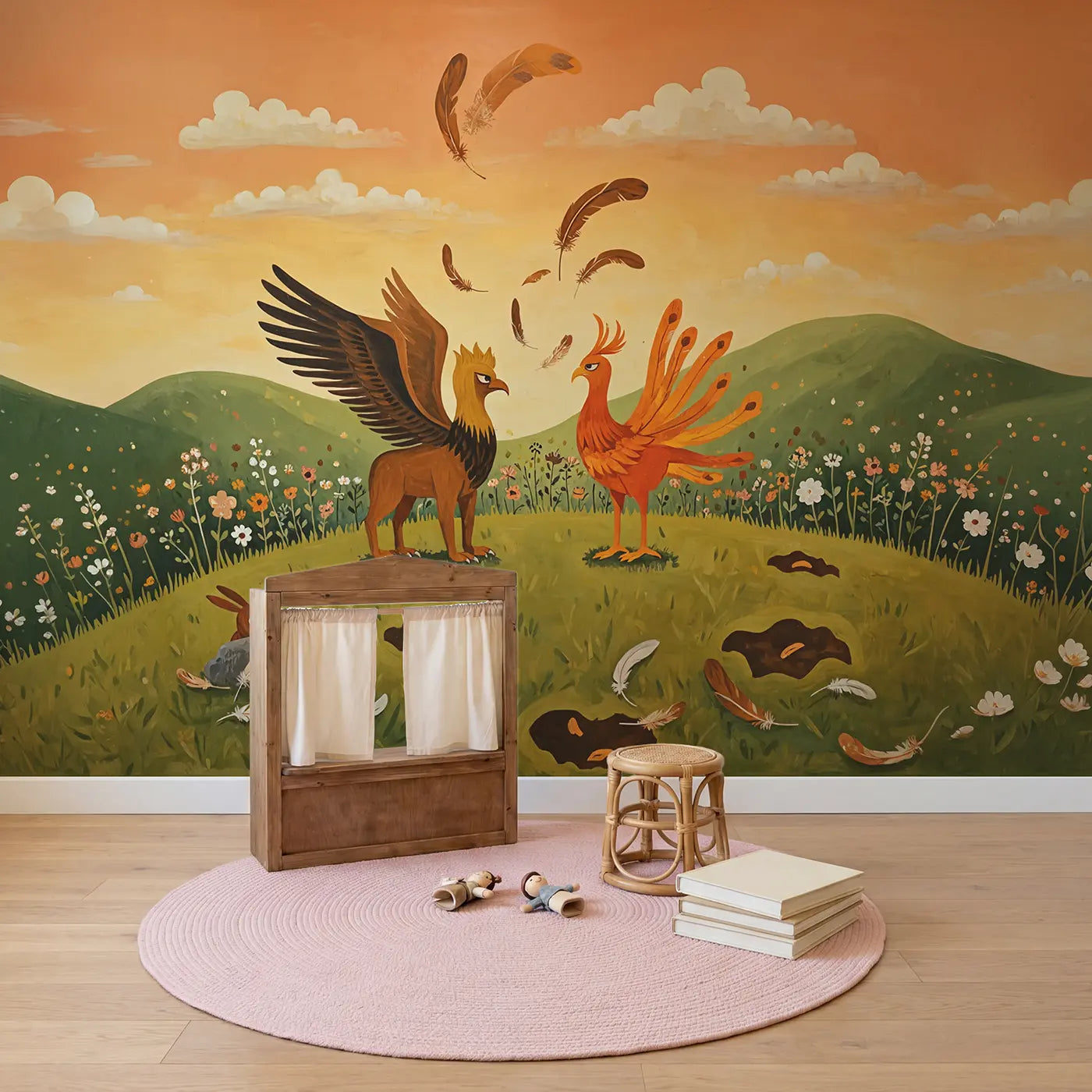 Griffin and Phoenix Preening Wallpaper Mural in playroom setting by Whimsy Tots