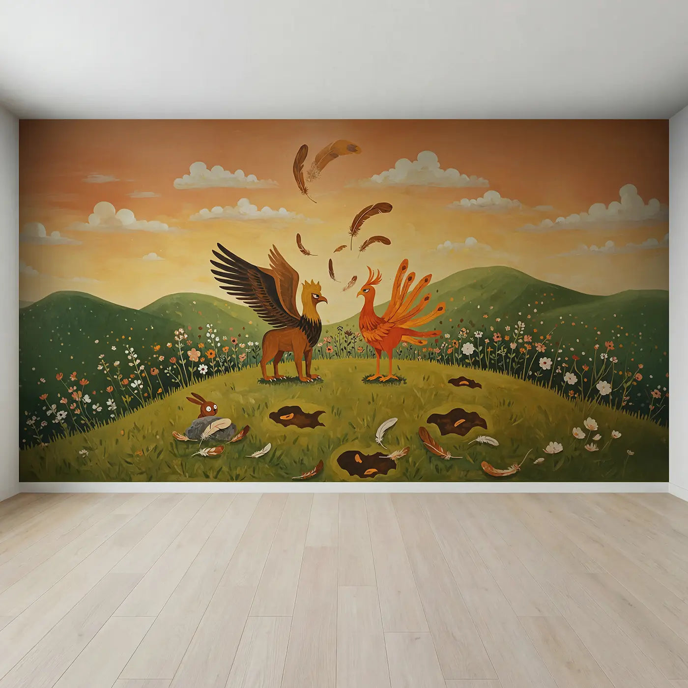 Full view of Griffin and Phoenix Preening Wallpaper Mural by Whimsy Tots
