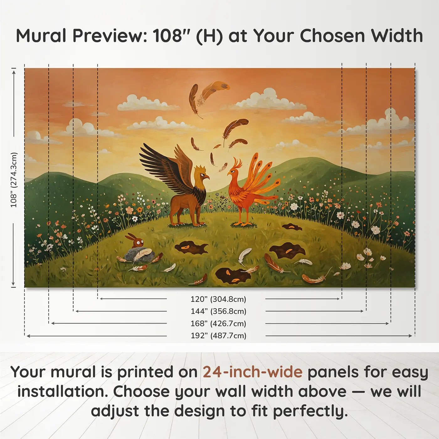 Panel layout and dimensions for Griffin and Phoenix Preening Wallpaper Mural by Whimsy Tots