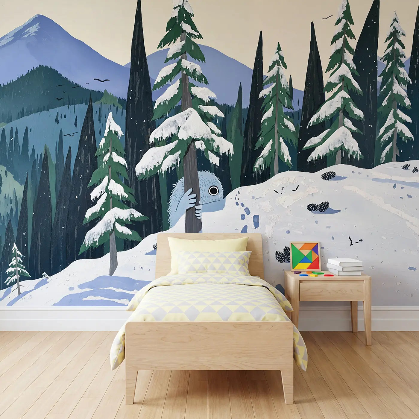 modern illustration shy yeti mountain forest wallpaper mural for kids room by Whimsy Tots