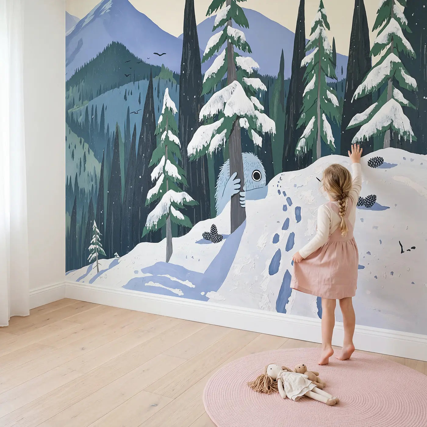 Child in nursery with Shy Yeti Mountain Forest Wallpaper Mural by Whimsy Tots
