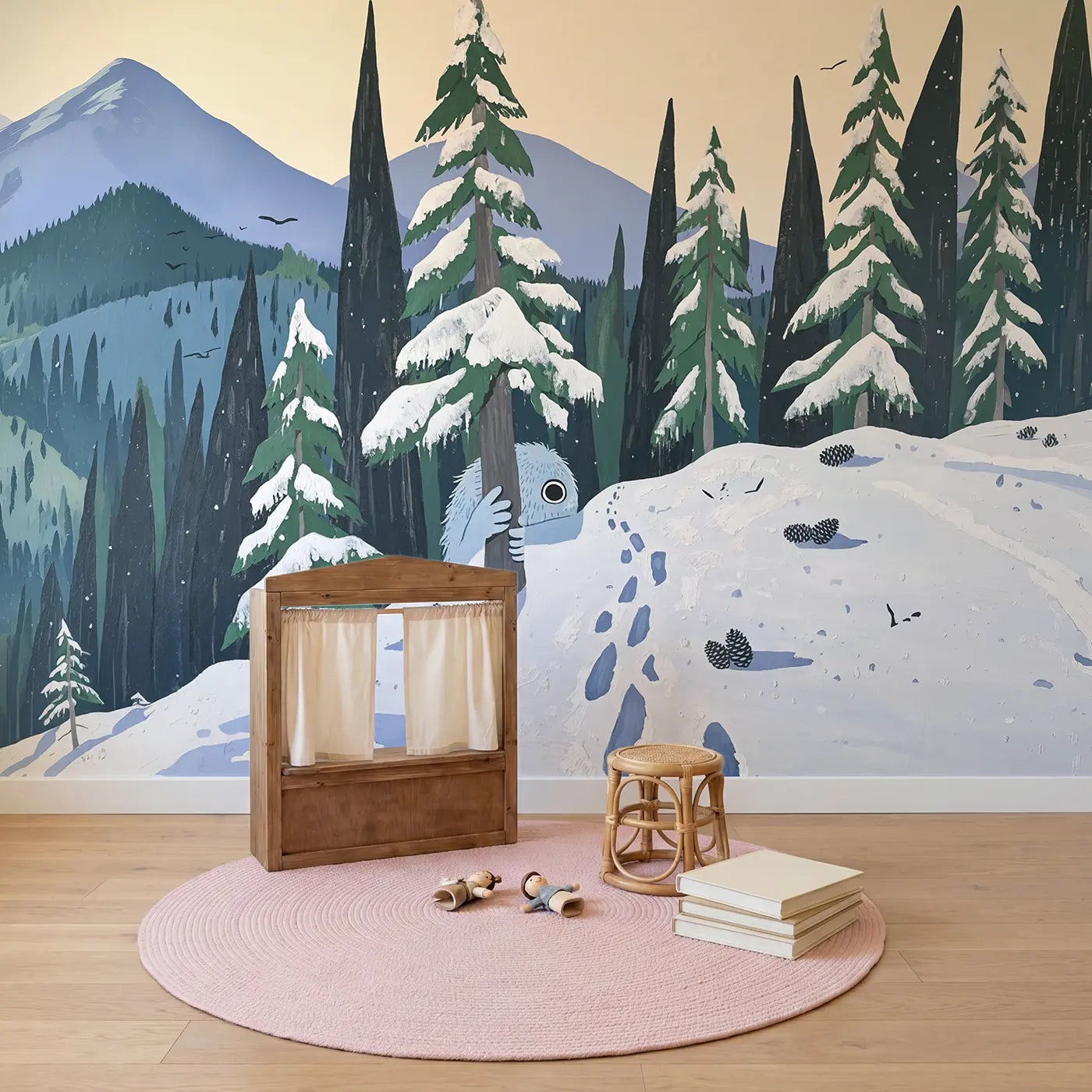 Shy Yeti Mountain Forest Wallpaper Mural in playroom setting by Whimsy Tots
