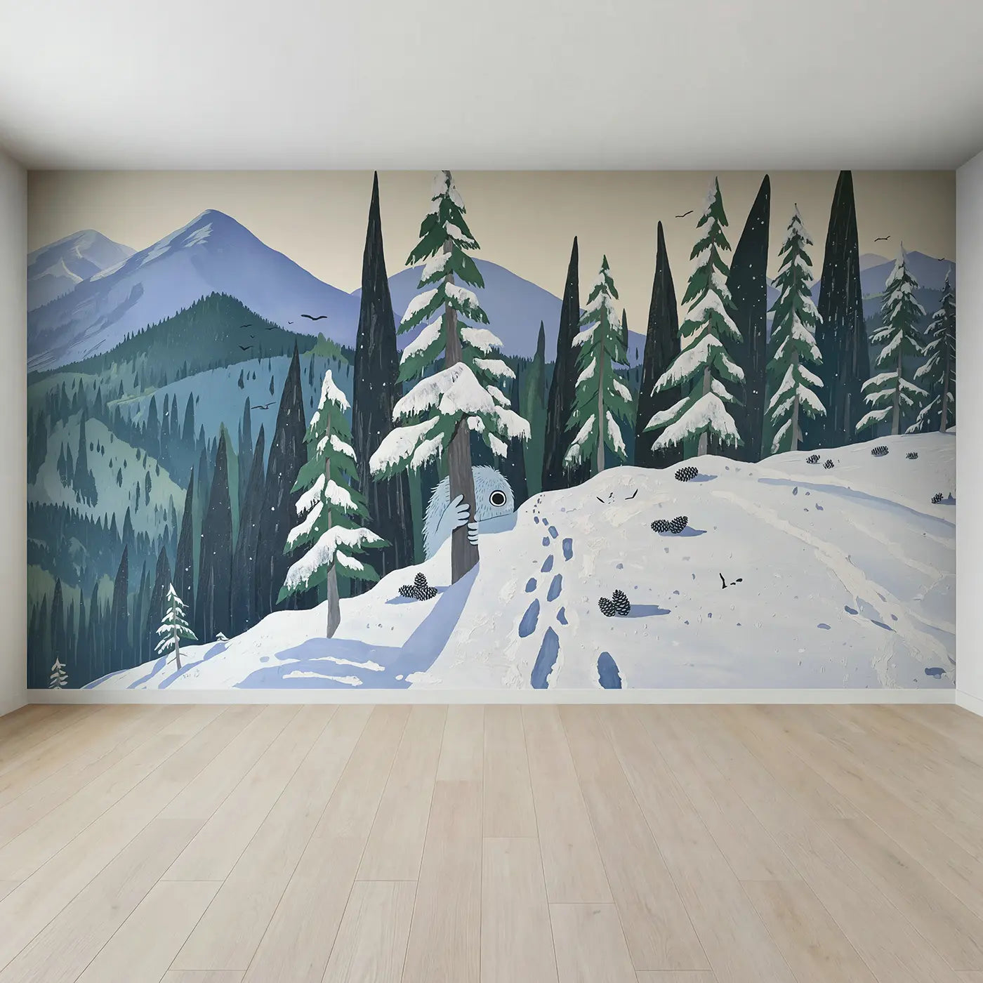 Full view of Shy Yeti Mountain Forest Wallpaper Mural by Whimsy Tots