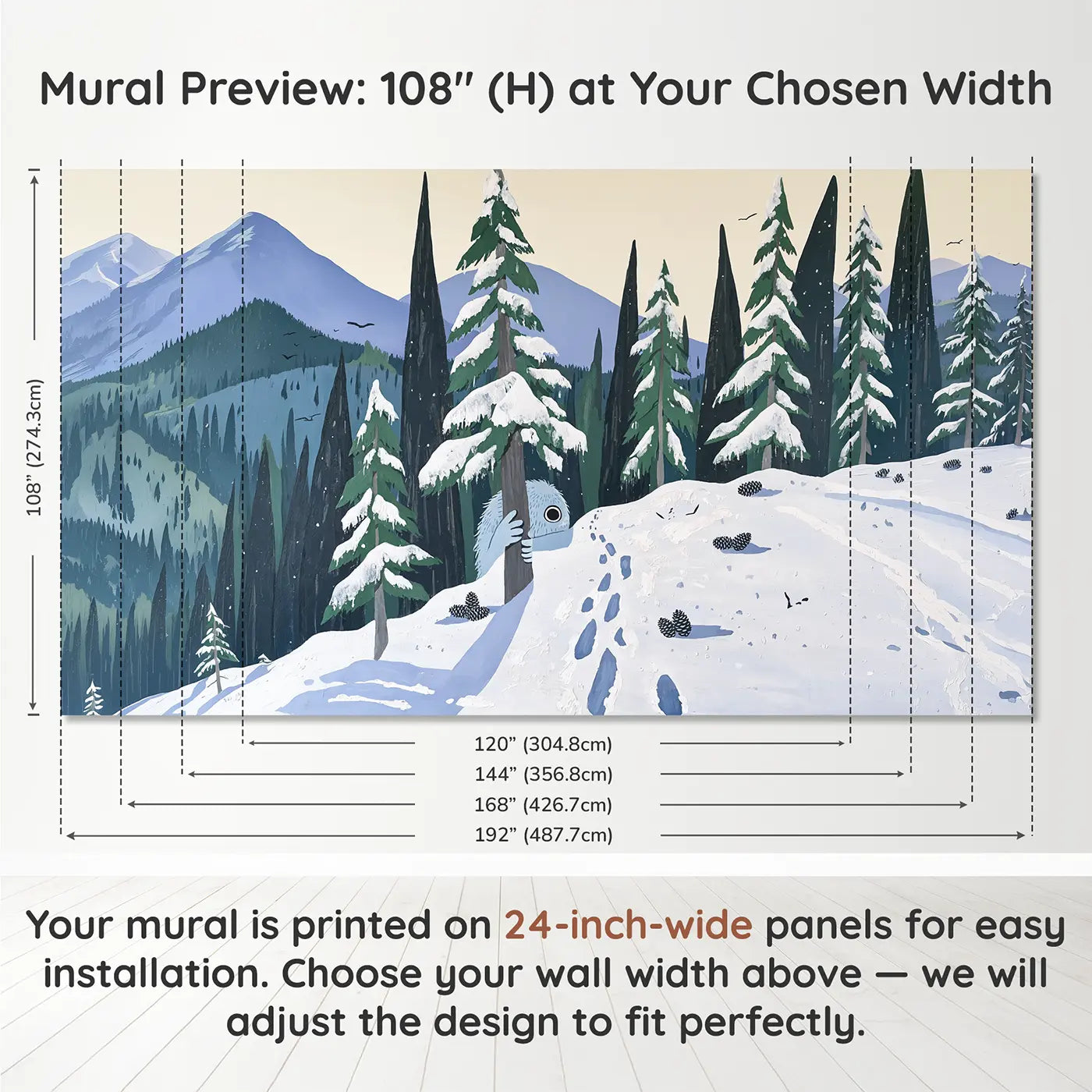Panel layout and dimensions for Shy Yeti Mountain Forest Wallpaper Mural by Whimsy Tots