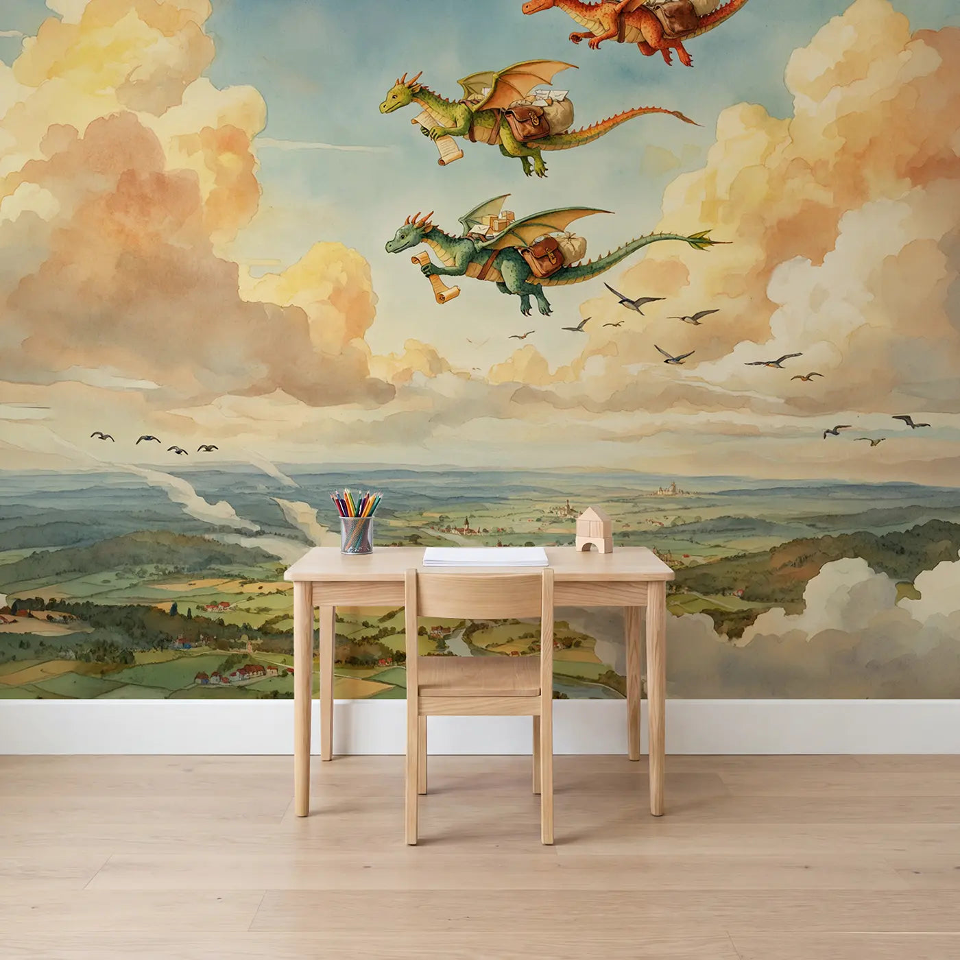 watercolor dragons flying mail delivery sky wallpaper mural for kids room by Whimsy Tots