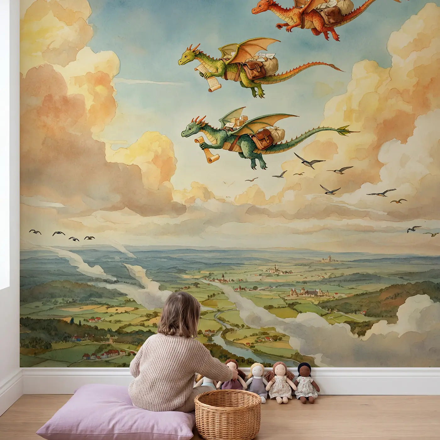 Child in nursery with Dragon Postal Route Wallpaper Mural by Whimsy Tots