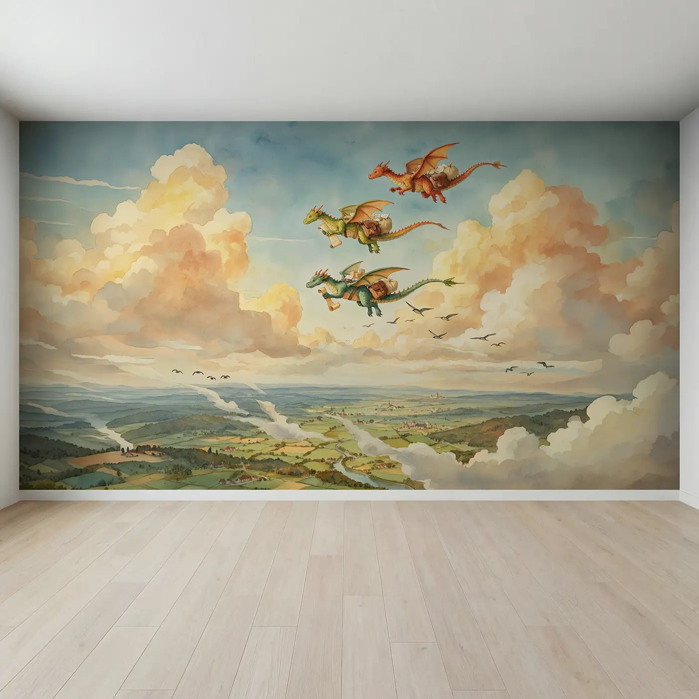 Full view of Dragon Postal Route Wallpaper Mural by Whimsy Tots