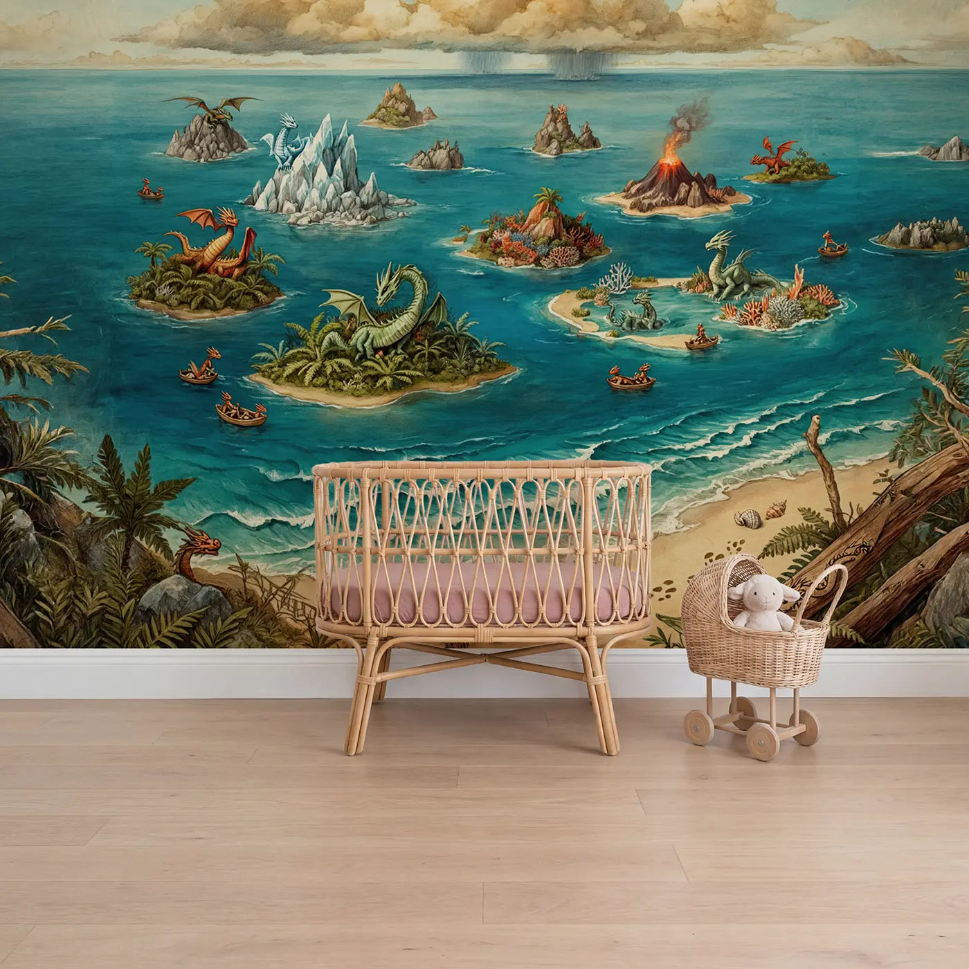 Storybook dragon archipelago ocean wallpaper mural for nursery by Whimsy Tots