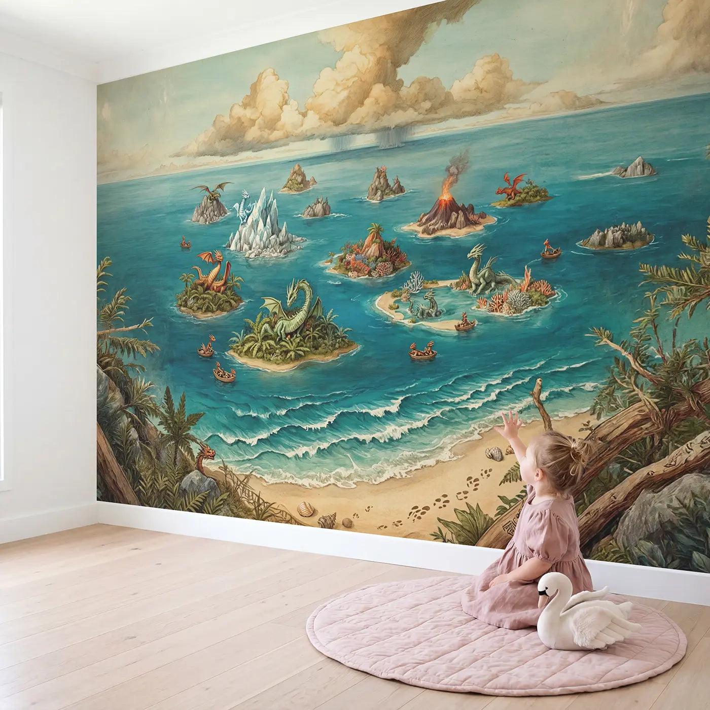 Child in nursery with Dragon Archipelago Ocean Wallpaper Mural by Whimsy Tots