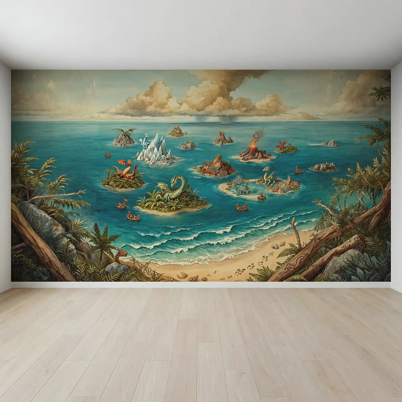 Full view of Dragon Archipelago Ocean Wallpaper Mural by Whimsy Tots