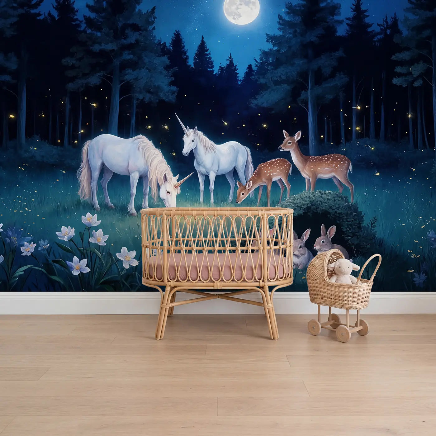Soft pastel unicorn deer moonlit meadow wallpaper mural for girls nursery by Whimsy Tots