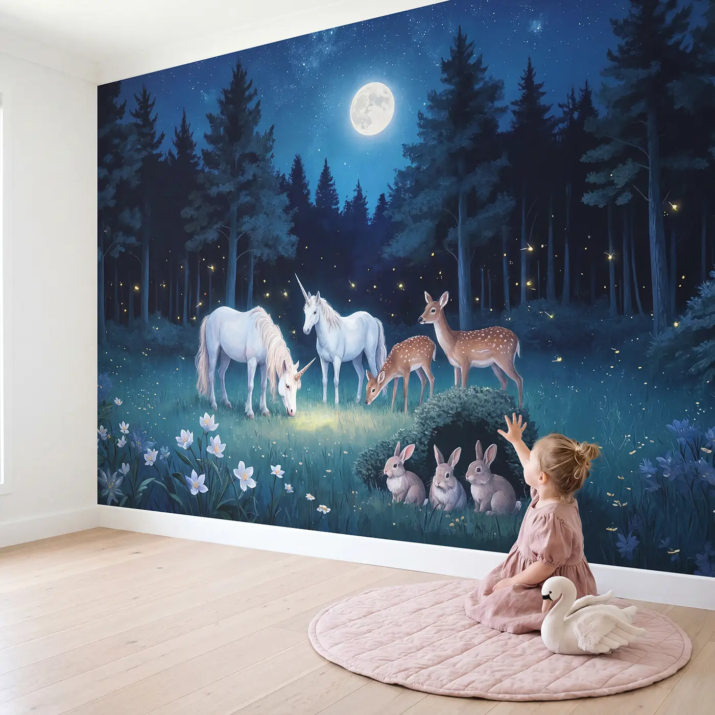 Child in nursery with Moonlit Meadow Grazing Wallpaper Mural by Whimsy Tots
