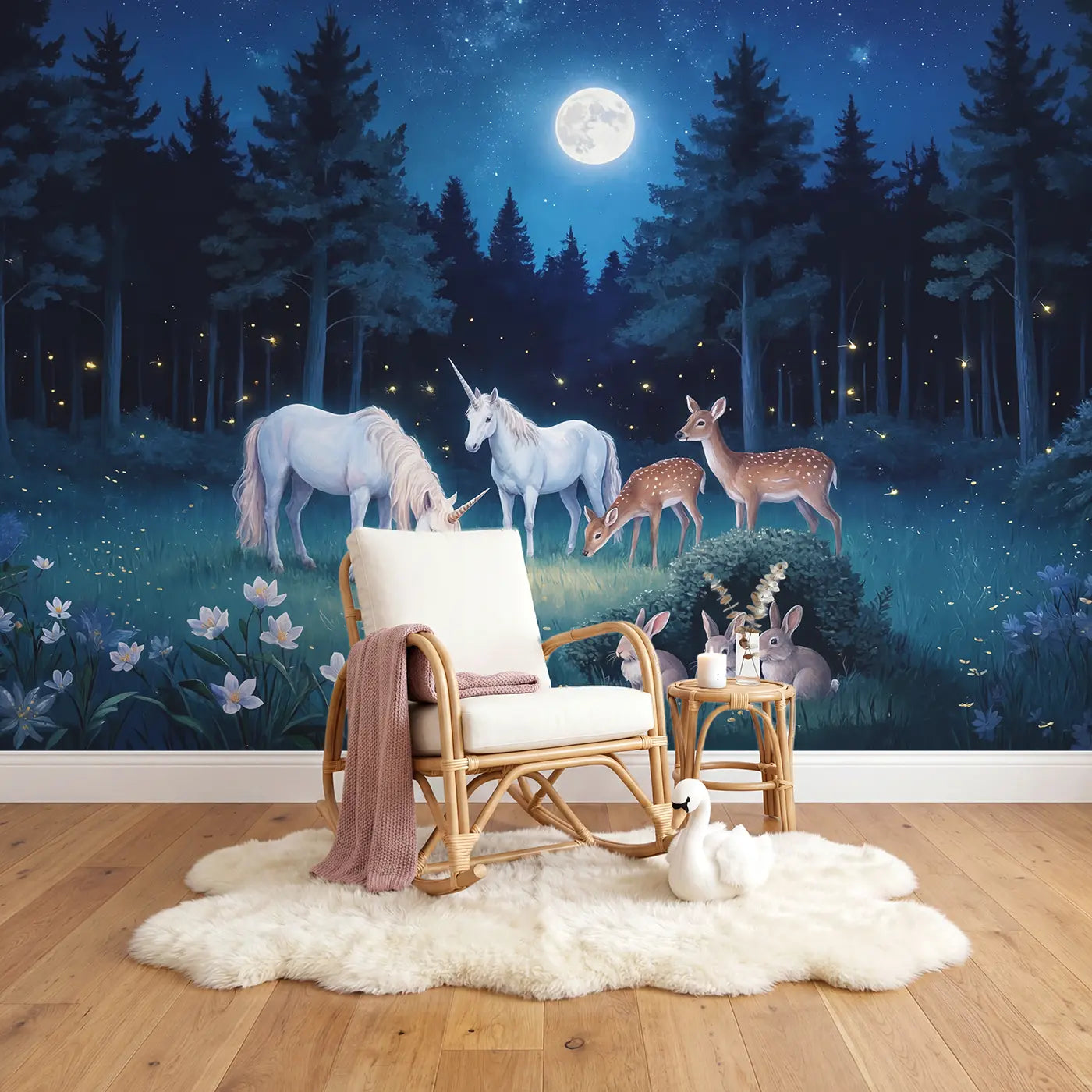 Moonlit Meadow Grazing Wallpaper Mural in playroom setting by Whimsy Tots
