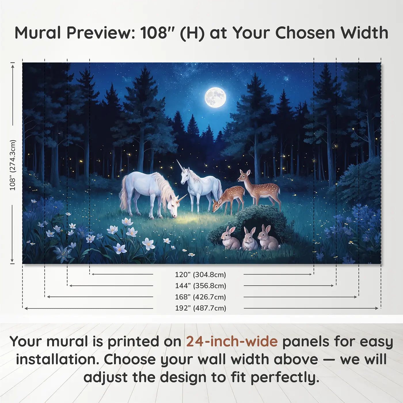 Panel layout and dimensions for Moonlit Meadow Grazing Wallpaper Mural by Whimsy Tots