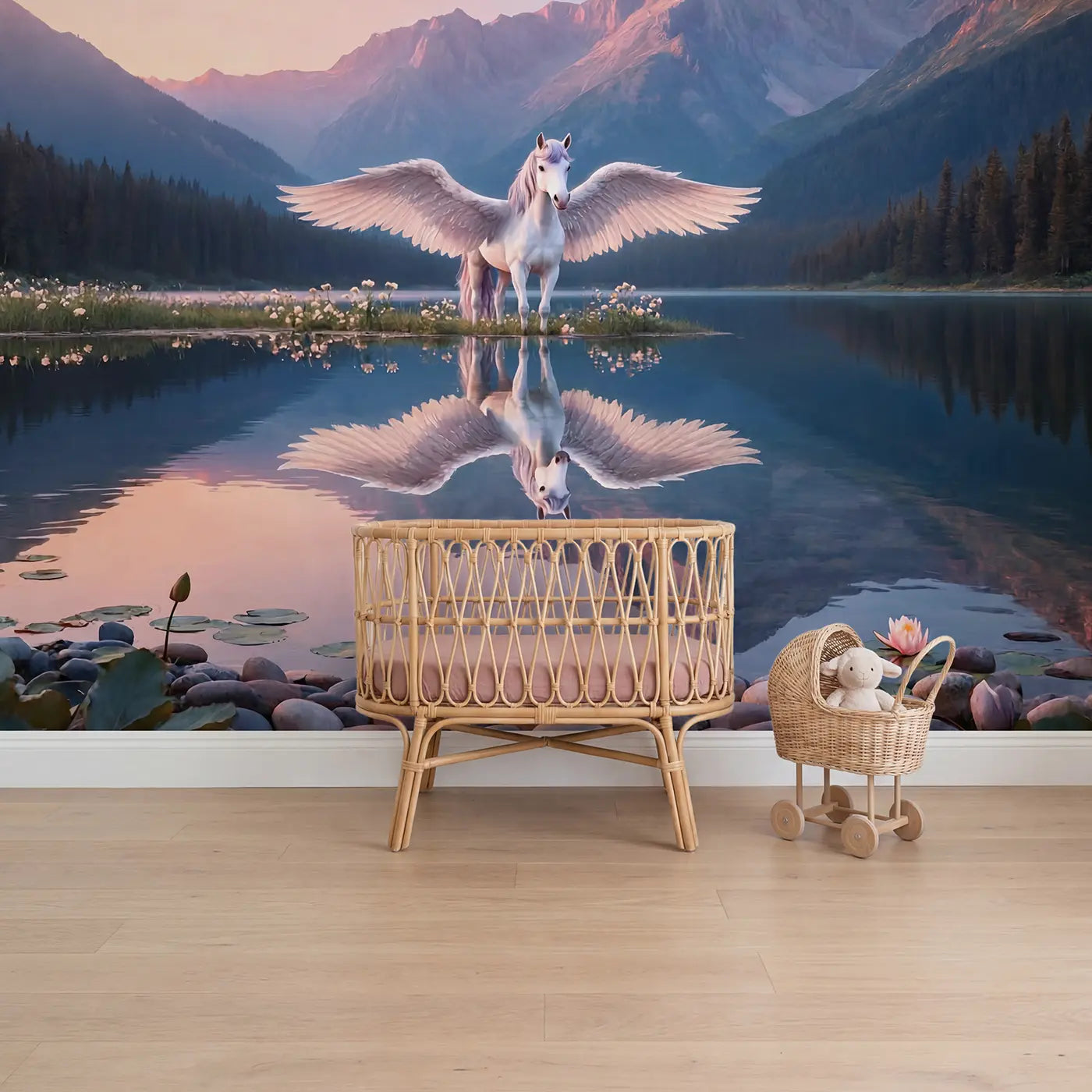 Soft Pastel dawn pegasus lake reflection wallpaper mural for nursery by Whimsy Tots