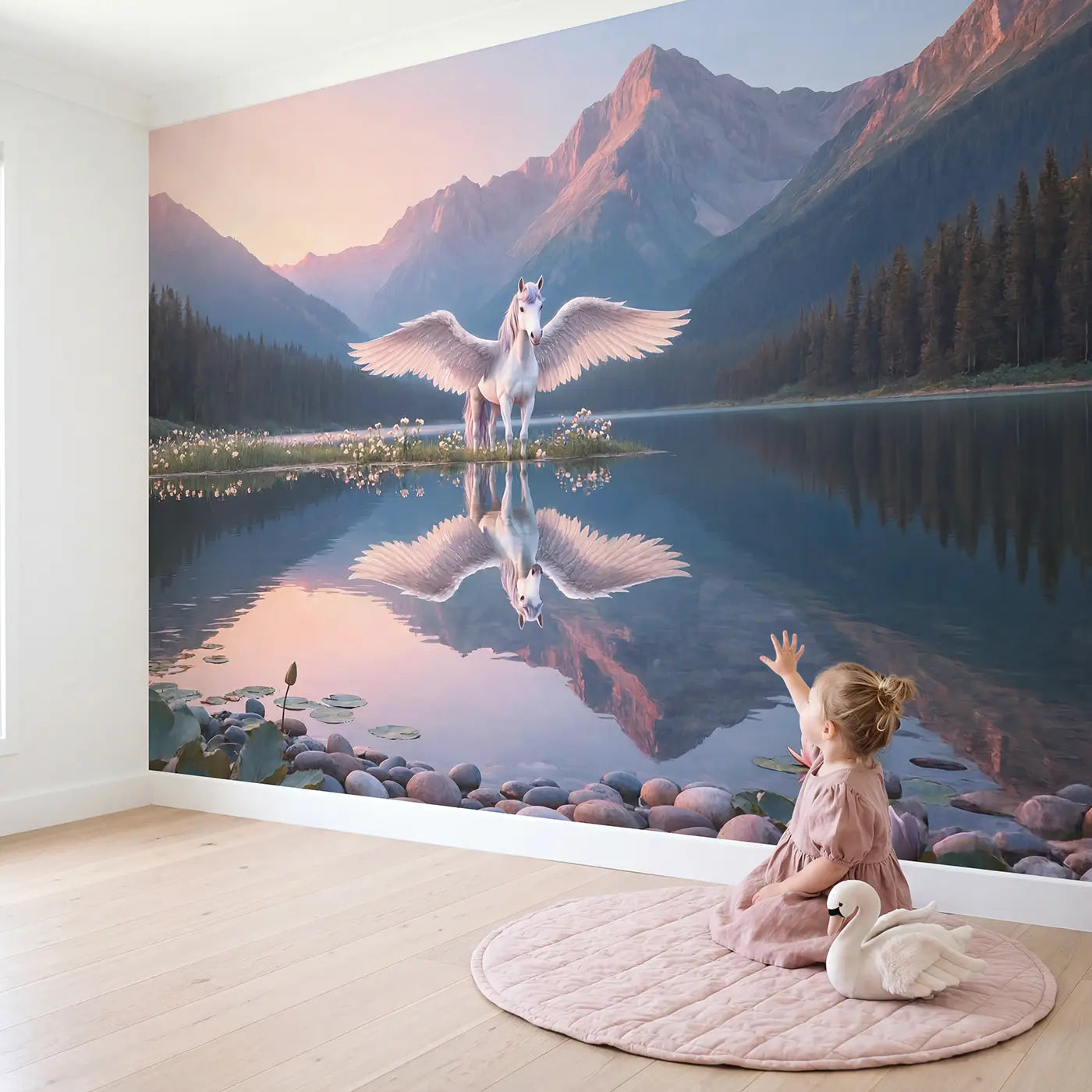 Child in nursery with Dawn Pegasus Lake Reflection Wallpaper Mural by Whimsy Tots