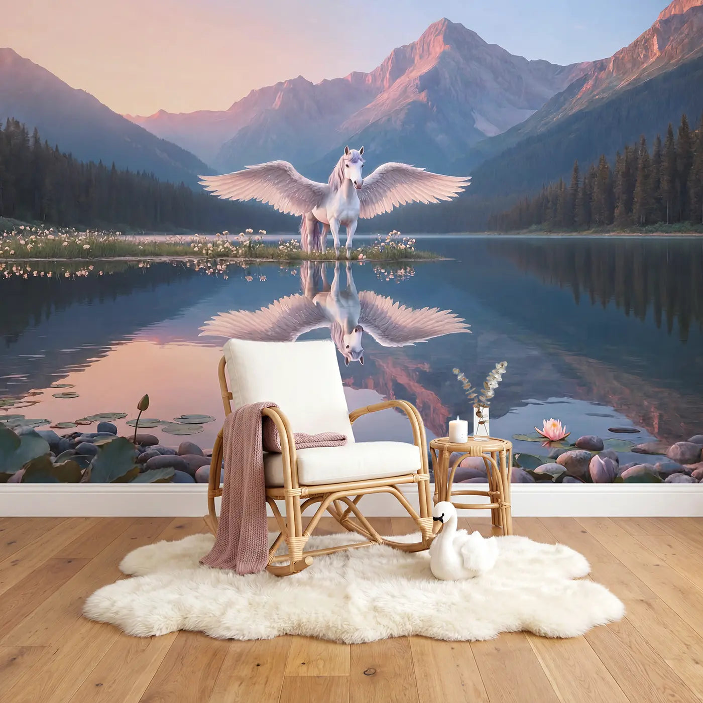 Dawn Pegasus Lake Reflection Wallpaper Mural in playroom setting by Whimsy Tots