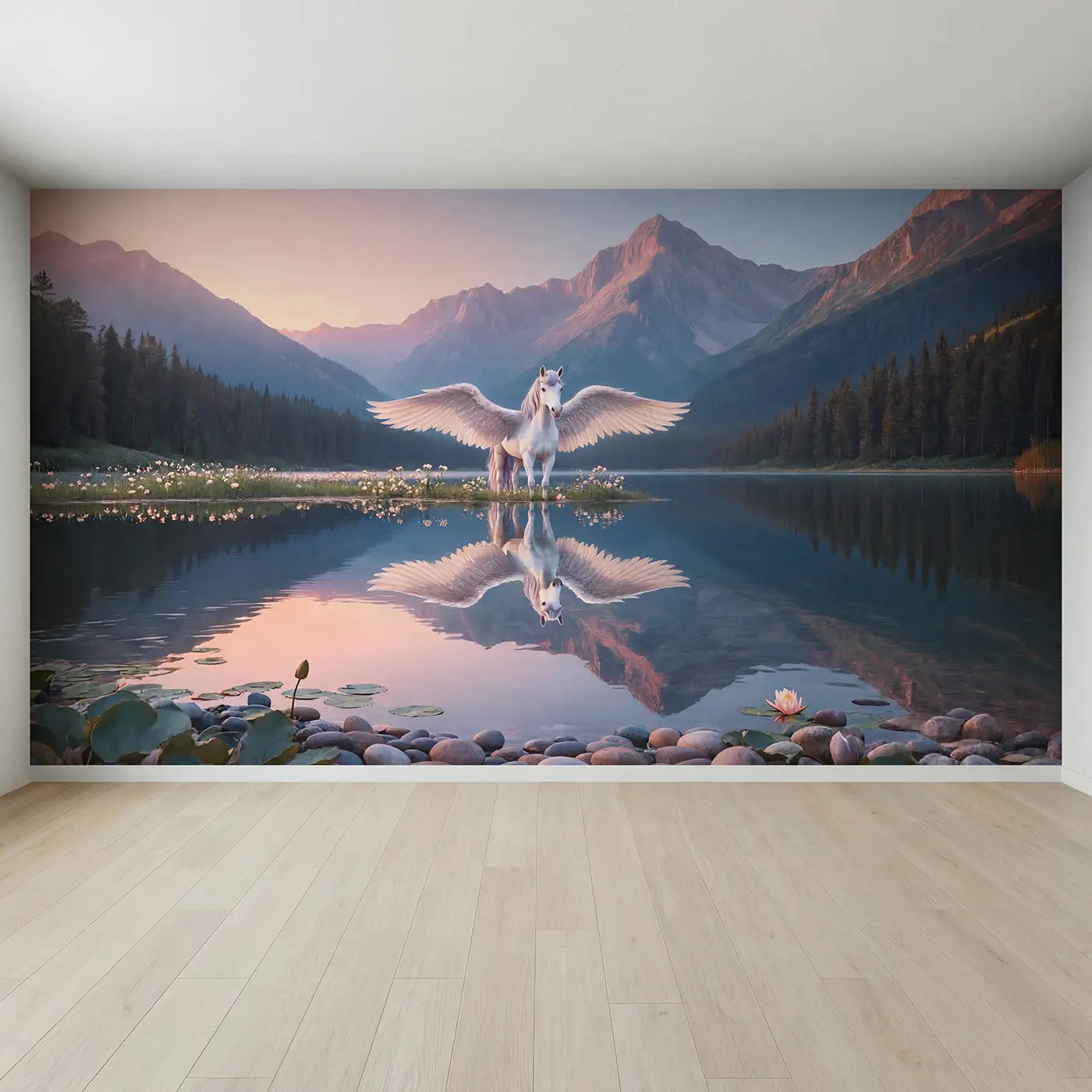 Full view of Dawn Pegasus Lake Reflection Wallpaper Mural by Whimsy Tots