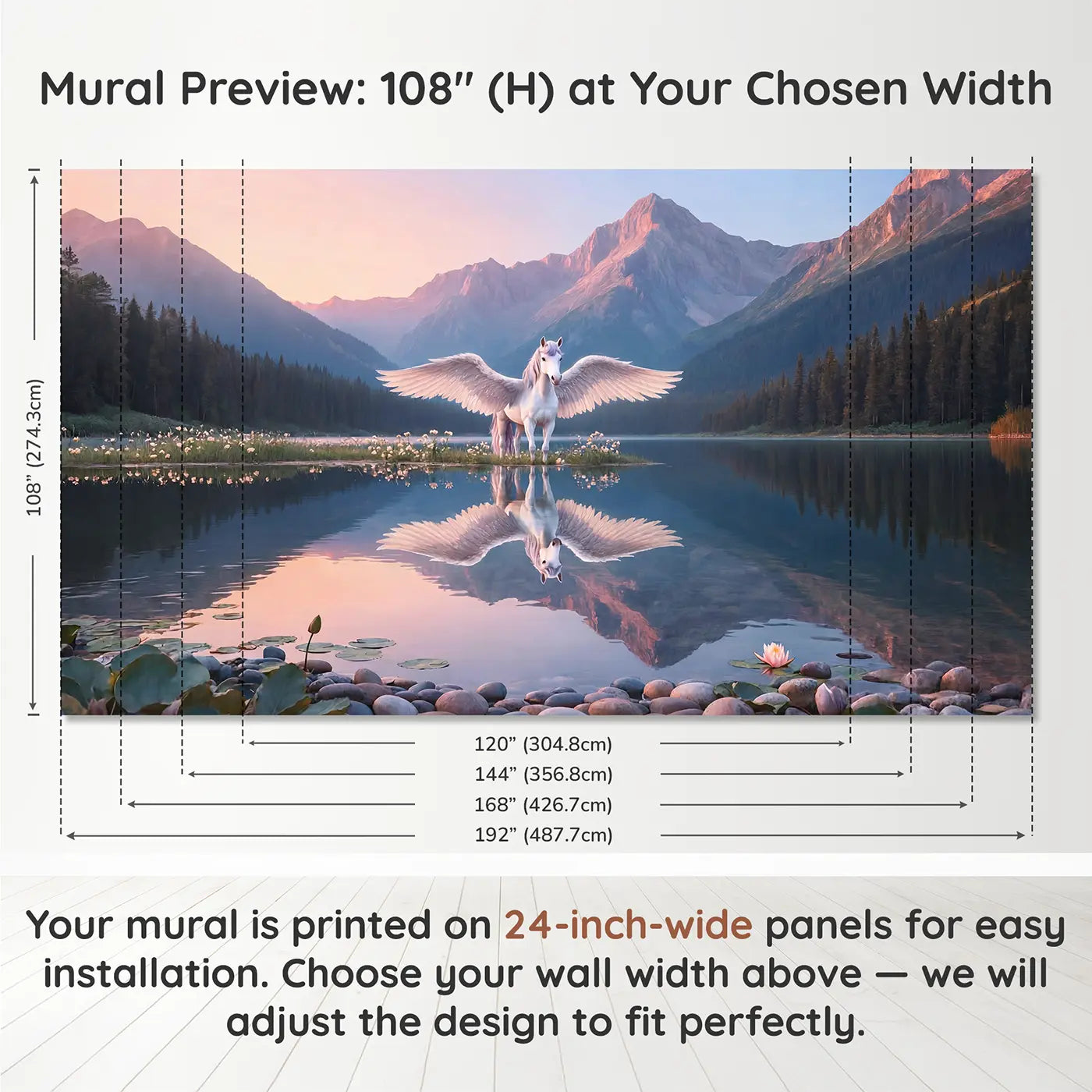 Panel layout and dimensions for Dawn Pegasus Lake Reflection Wallpaper Mural by Whimsy Tots