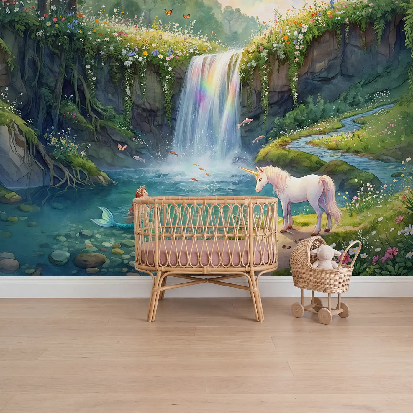 Watercolor unicorn mermaid waterfall meadow wallpaper mural for girls nursery by Whimsy Tots