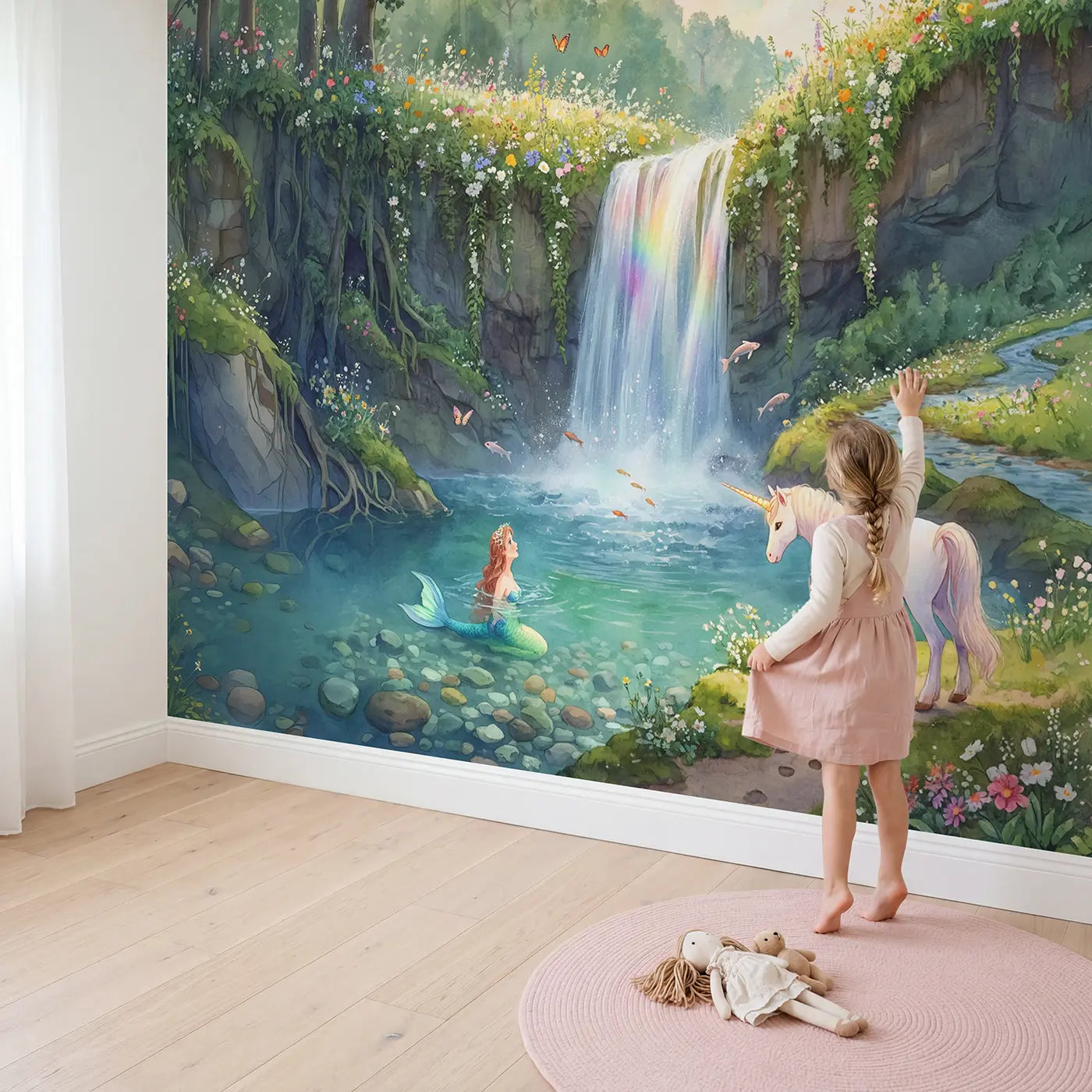 Child in nursery with Unicorn Mermaid Waterfall Wallpaper Mural by Whimsy Tots