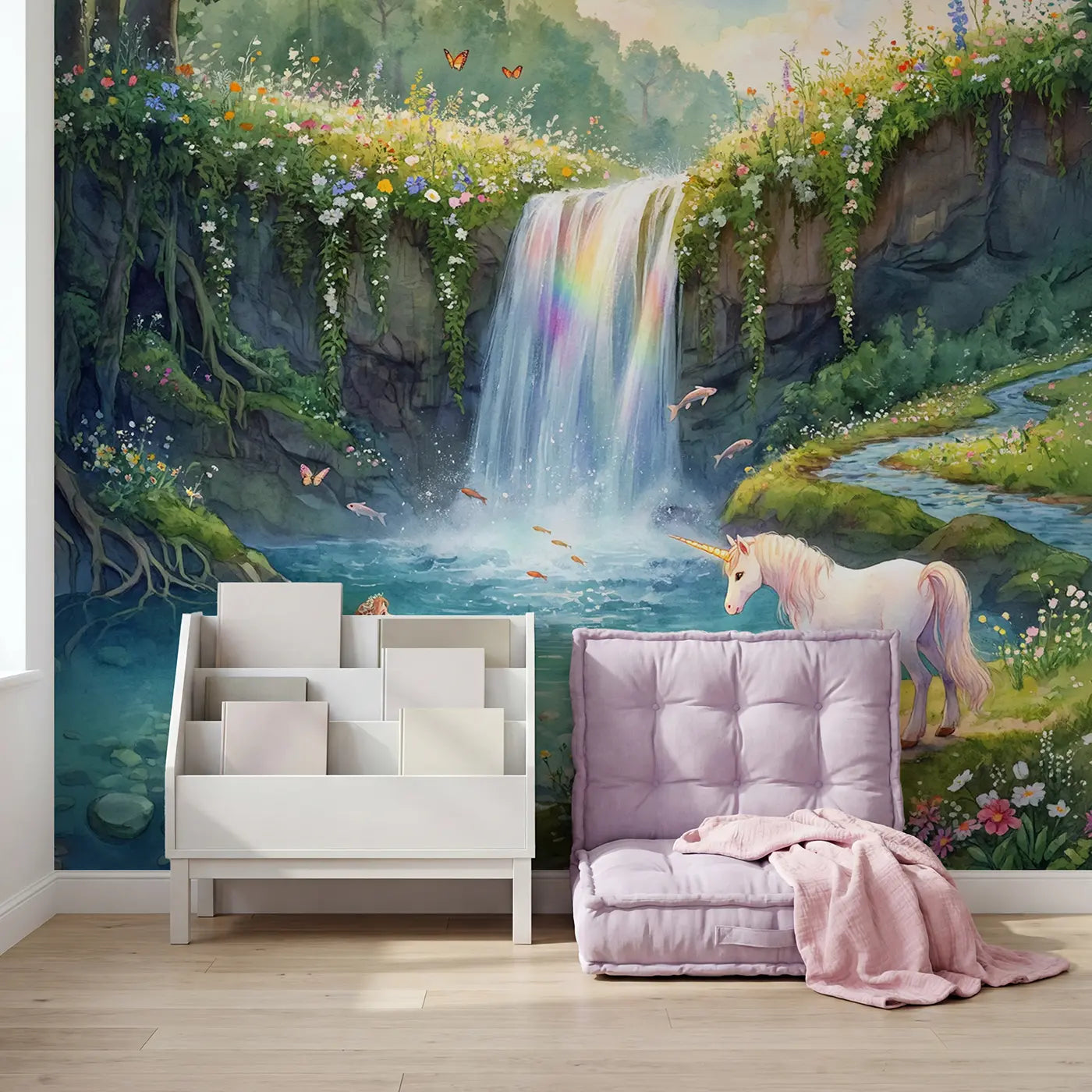Unicorn Mermaid Waterfall Wallpaper Mural in playroom setting by Whimsy Tots